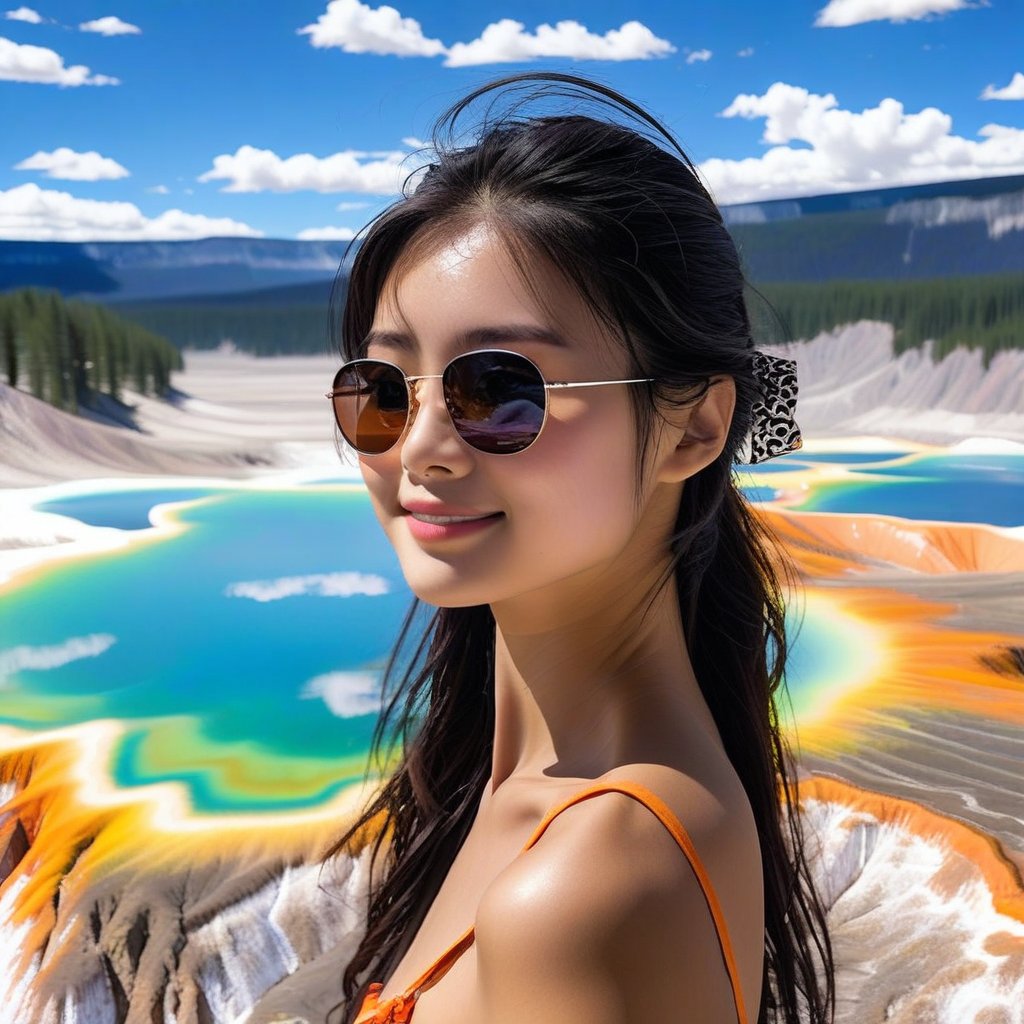 realistic photo of a beautiful Japanese girl standing in Grand Prismatic Spring of Yellowstone,20yo,sunglasses,detailed face,model body,looking at viewer,playful smirks,detailed hair blowing,vibrant colors,elegant urban fashion,upper body focus
BREAK
backdrop:detailed photo of Grand Prismatic Spring \(grandpr1smat1c\) in Yellowstone,1 spring,
 BREAK 
rule of thirds,studio photo,detailed,realistic,cinematic lighting,Ye11owst0ne,grandpr1smat1c