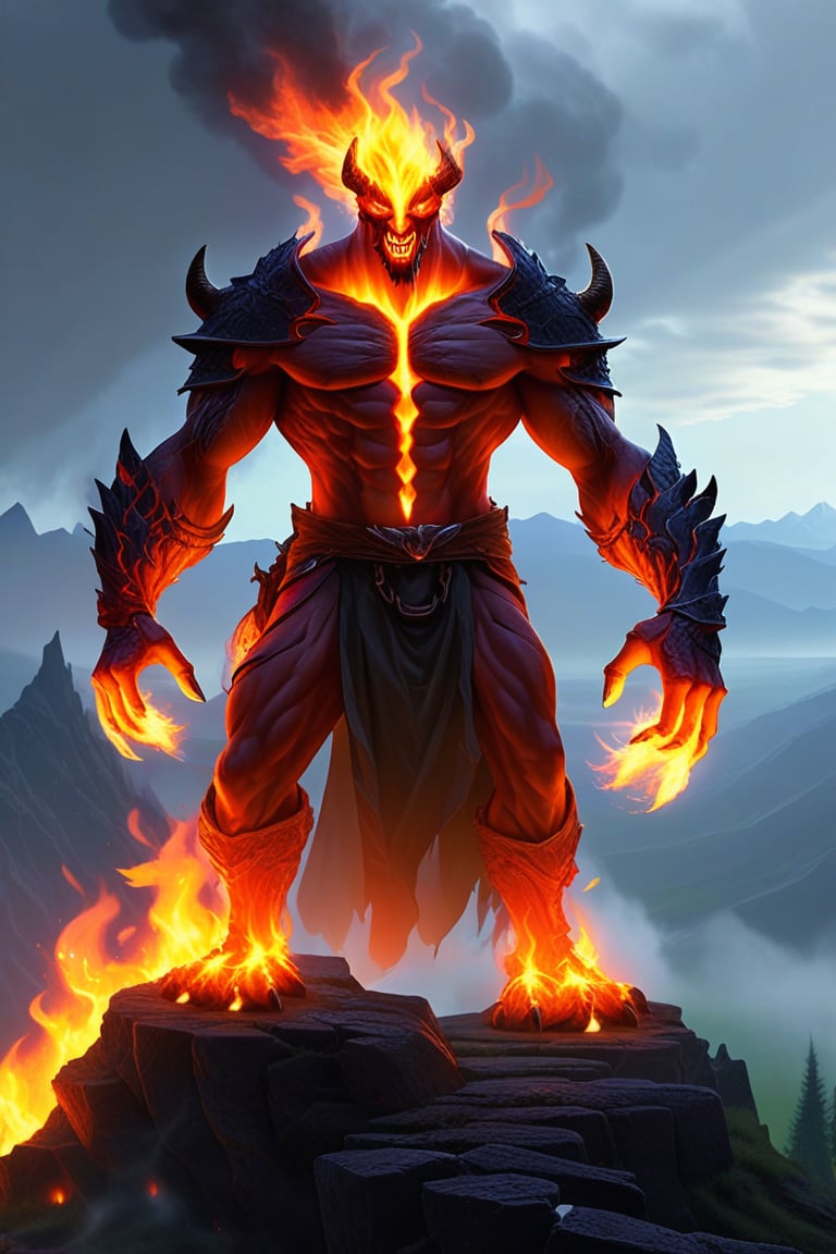 an evil man stands on a hill top. He uses the magic spell and turns into a powerful fire magic \(ek_ge1frt\) monster,ek_game_3ffect,