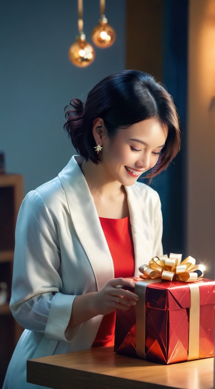 Generate an image of a happy Christmas scene: On a snowy Christmas morning, a beautiful woman is preparing Christmas gifts in her cozy home studio. With delicate fingertips, she carefully wraps the gifts, and within the serene atmosphere of various Christmas decorations, the warm white lights cast a gentle glow.

The gift boxes are adorned with festive Christmas wrapping paper and elegantly tied with luxurious ribbons. The woman adds a special message to each gift, paying attention to small details to make the moment of giving even more special.

Sunlight gently streams into the room, illuminating the Christmas tree and sparkling Christmas stars, creating a festive ambiance. As the woman thoughtfully prepares the gifts, her intention to share the joy and warmth of Christmas is palpable. BREAK

(masterpiece,best quality,ultra-detailed,8K,intricate, realistic:1.3),(full body, wide shot:1.3),smile,black bob_cut, beautiful but modest clothing,earrings,jewelry, shiny skin, detailed exquisite face,rembrandt lighting,1 girl,Color Booster, leonardo,style,cyberpunk style,greg rutkowski,cyberpunk,han-hyoju-xl