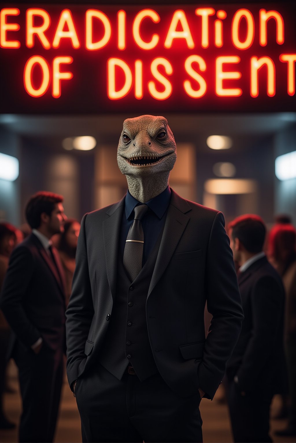 A sleek and imposing reptilian figure, dressed in a sharp suit, stands confidently in front of a crowd. Above it, a glowing neon sign reads 'Eradication of Dissent,' casting an eerie light on the scene. The reptilian’s true face is hidden behind a smiling human mask, projecting an air of charm and authority. While the onlookers are captivated by the charismatic façade, subtle hints of its true nature peek through—the gleam of scales and cold, calculating eyes just visible at the edges of the mask. This scene captures the eerie contrast between the reptilian overlord's deceptive appearance and its sinister intent, embodying the hidden control exerted over humanity.
BREAK
detailed exquisite face,soft shiny skin,realistic,detailed,sharp focus,high contrast,rule of thirds,depth of perspective,award-winning photo,chiaroscuro lighting,ek_g1rl_02