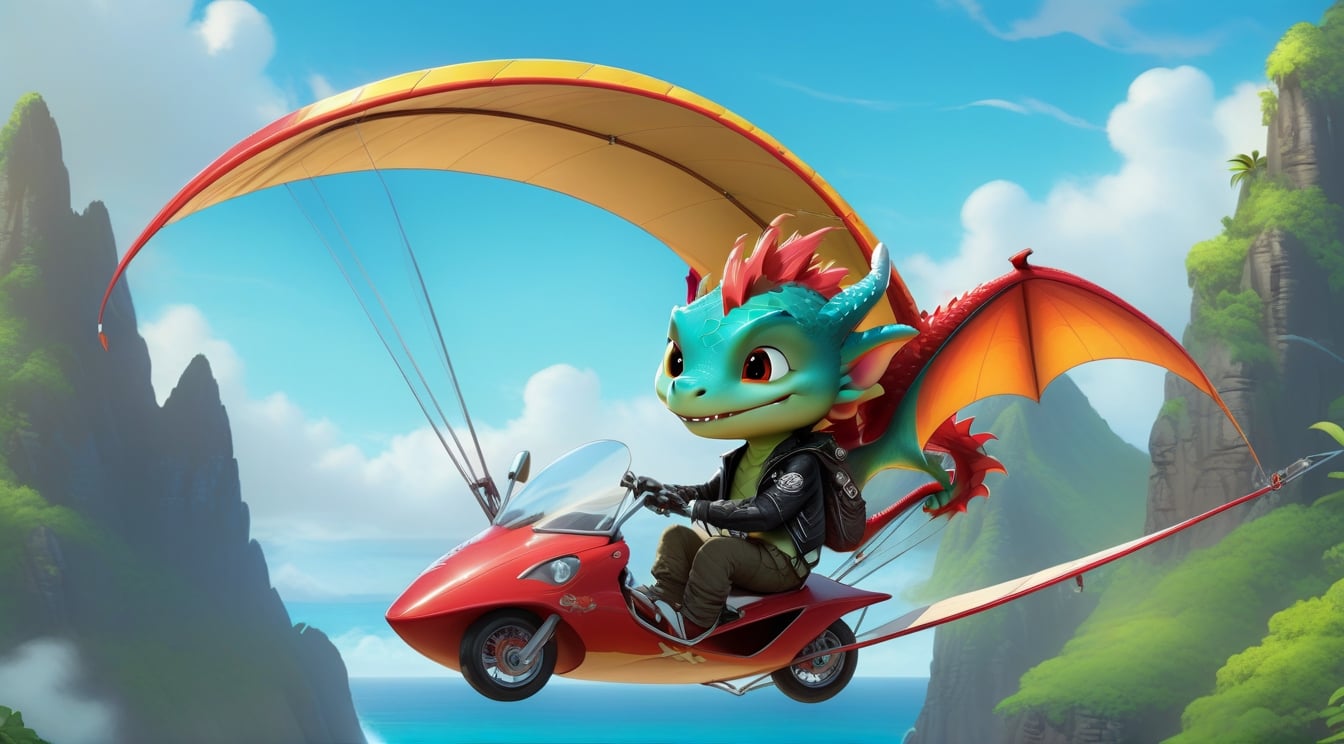 Cartoon: a cute dragon boy,flying in a hang glider,black biker jacket,Hawaii  backdrop,cinematic lighting,rule of thirds,depth of perspective,trending on artstation,(fullbody wide sideshot:1.3),animation style,dragon_h,art_booster,real_booster