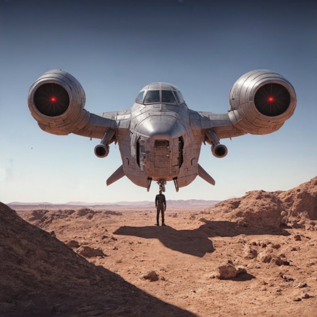 ((Ultra-realistic)) photo of a aircraft landed on a desert,landing legs,jet engines on wings,two wings,blunt head,cannons on head side,canopy on head top,red lights on head bottom,left side view,left side entrance door open,person standing on open door of aircraft,(jet engines built at wing ends:1.2),bright,starship,star wars,
BREAK
(backdrop of Detailed Realistic desertt,sky,cloud:1.2), depth of perspective,aircraft focus,(wide shot)
BREAK 
(sharp focus,high contrast,detailed,realistic,studio photo,trending on artstation,rule of thirds,perfect composition,cinematic lighting,masterpiece,
best quality,UHD,32K,HDR:1.3),
ek_raz0r_cre5t,ek_photo_booster