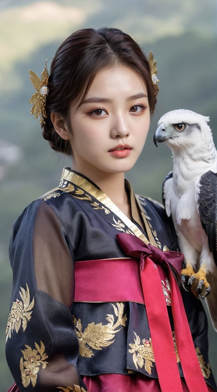 (1 22yo Korean idol girl),((best quality, 8k, masterpiece: 1.3)),focus:1.2,perfect body beauty:1.4,(smile: 1.2),(old palace in korea: 1.5),highly detailed face and skin texture,delicate eyes,double eyelids,whitened skin,(sharp high nose),(air bangs: 1.3),(round face: 1.5))
BREAK
1 harpy eagle flying,girl training a harpy eagle,harpy eagle spreading its wings from girl's shoulder,(girl wearing traditional Korean dress \(Black and Gold Cheollik\):1.2)
BREAK
random model pose,Head size in proportion to the body, Young beauty spirit,inkGirl,Hanbok,clear border,Clothing made of very thin silk,((full body shot1.2))
BREAK
(Masterpiece,Best quality,32k,UHD:1.5),(Sharp focus, High contrast,HDR,Hyper-detailed,award-winning photo,kodachrome 800:1.3),(cinematic lighting:1.2),(1girl:1.3),real_booster,art_booster