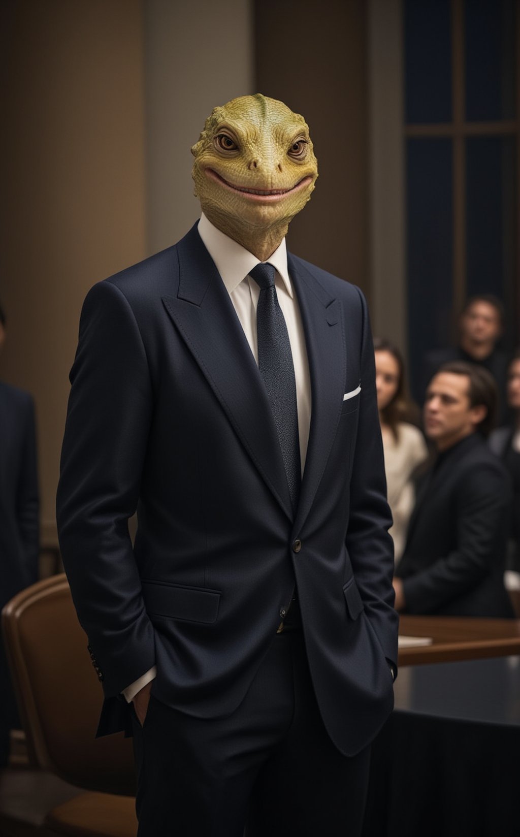 A sleek and imposing reptilian figure, dressed in a sharp suit, stands confidently in front of a crowd. The reptilian's true face is hidden behind a smiling human mask, projecting an air of charm and authority. While the onlookers are captivated by the charismatic façade, subtle hints of its true nature peek through—the gleam of scales and cold, calculating eyes just visible at the edges of the mask. This scene captures the eerie contrast between the reptilian overlord's deceptive appearance and its sinister intent, embodying the hidden control exerted over humanity.
BREAK
realistic,detailed,sharp focus,high contrast,rule of thirds,depth of perspective,award-winning photo,chiaroscuro lighting
BREAK
ek_g1rl_02,ek_art_b00ster,beauy_ks01, ek_ph0t0_b00ster