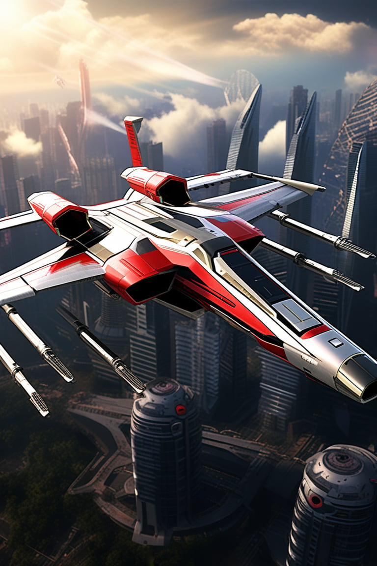 A realistic photo of starship x-wing starfighter in Star Wars universe,red striped body,flying over a futuristic city,wings unfolded,laser cannons at each wing tip,engines located at wing root,
BREAK
backdrop:cityscrapes,sky,cloud,front left view,
ek_starsh1p,ek_xw1ng,ek_xwf1,realistic,detailed,sleek shiny aircraft