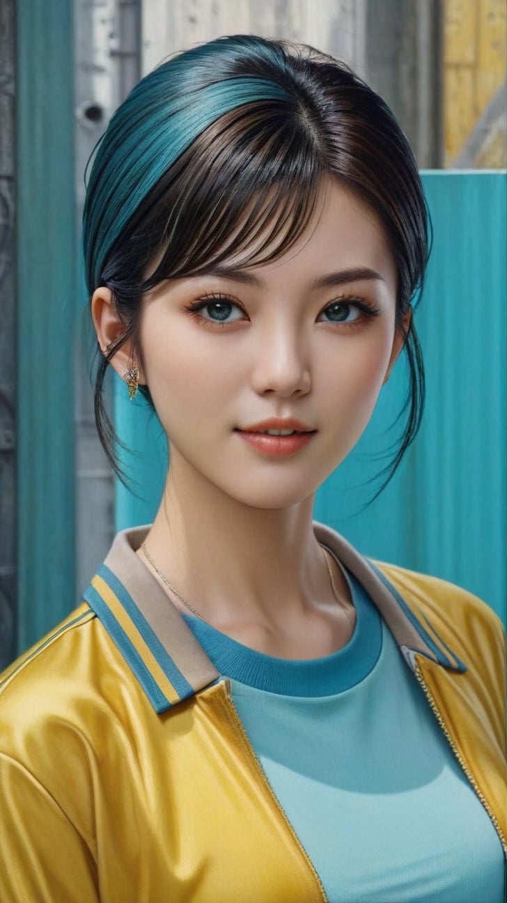 Highly detailed portrait of a japanese woman,20yo, alluring neighbor's wife,dark short haired,clear facial features,detailed symmetric face,detailed soft shiny skin,perfect female form,model body,playful smirks,modern jacket on polo shirt,shopping street backdrop,studio photo,(Turquoise,Baby Blue,Mustard Yellow,Gray color),trending on artstation,gothic art,mysterious,global illumination,detailed and intricate environment,(Hyper-realistic photography,Masterpiece, HDR,Hyper-detailed,intricate details,Kodakchome 800,sharp focus,high contrast:1.3), close up,cinematic lighting,by Karol Bak and Gustav Klimt, real_booster, art_booster,H effect