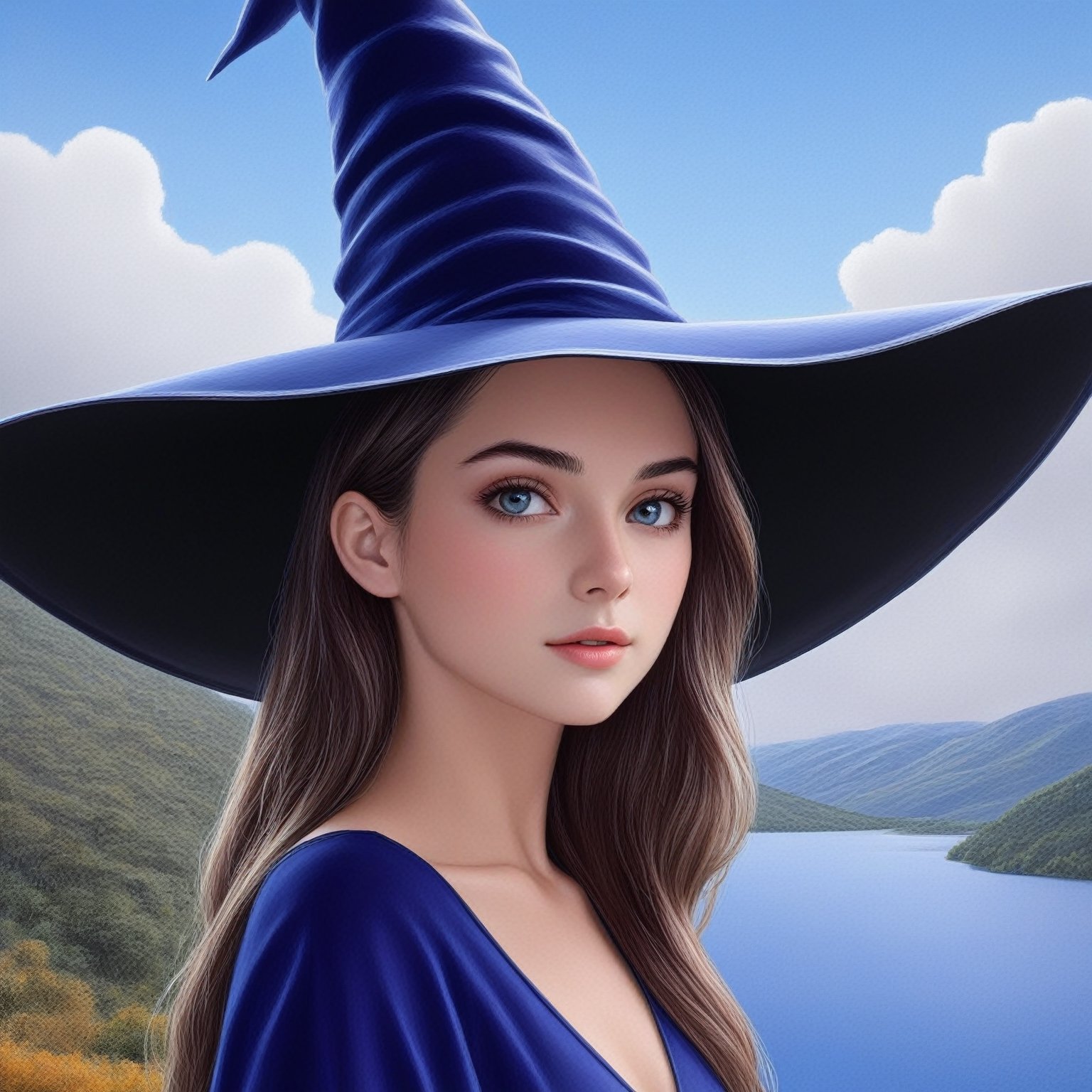 ((Ultra-Detailed)) halfbody portrait of a girl (wearing a witchhat:1.5),spanish girl,standing in front of a lake.1 girl,20yo,detailed exquisite face,soft shiny skin,playful smirks,detailed pretty eyes,glossy lips 
BREAK
[backdrop:beautiful lake,tree,autumn forest,blue sky,cloud],(girl focus)
BREAK 
(sharp focus,high contrast),studio photo,trending on artstation,(ultra-realistic,Super-detailed,intricate details,HDR,8K),chiaroscuro lighting,soft rim lighting,key light reflecting in the eyes,vibrant colors,by Karol Bak,Antonio Lopez,Gustav Klimt and Hayao Miyazaki,
(inkycapwitchyhat),real_booster,photo_b00ster,art_booster,ani_booster