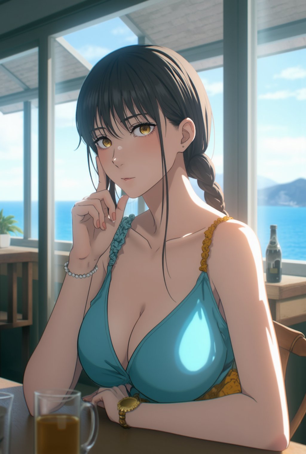 Anime of a beautiful woman in a cafe,Makima  lookalike,exquisite face,soft shiny skin,elegant dress,[Turquoise,Baby Blue,Mustard Yellow snd Gray colors],backdrop of oceanview cafe,window,table,beer mug,bottle,flower,realistic,detailed,sharp focus,high contrast,rule of thirds,chiaroscuro lighting,by the style of makoto shinkai's artworks,,ek_art_b00ster,ek_an1_b00ster,flux_makima