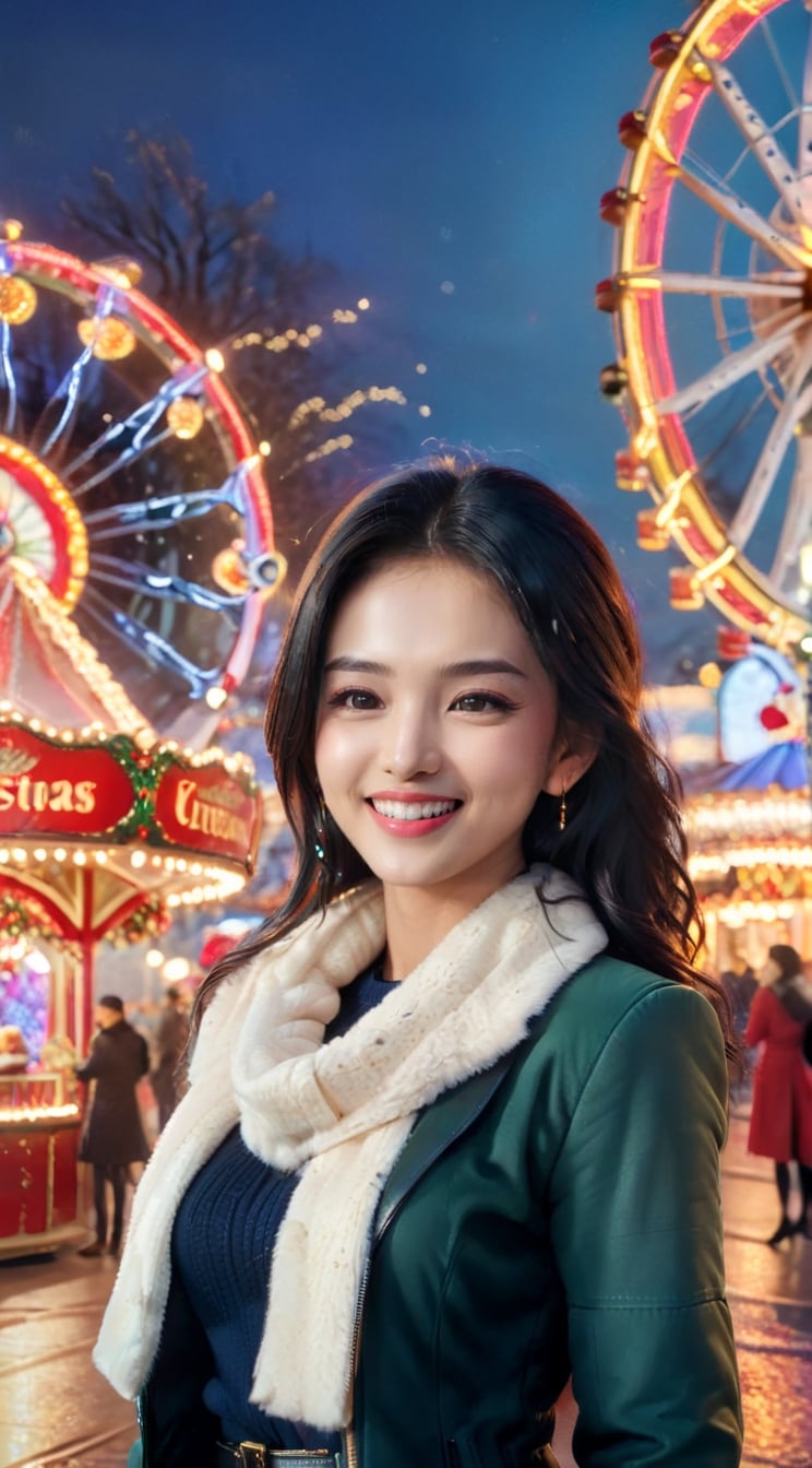"Generate an image of a sophisticated and statuesque young woman (23yo) joyfully celebrating Christmas at an upscale amusement park. Dressed in elegant winter fashion, she exudes grace and charm amidst the enchanting lights and opulent decorations. The beautifully lit Ferris wheel stands tall in the background, adding a touch of luxury to the festive scene. The air is filled with the joyous melodies of holiday tunes, and the woman's radiant smile reflects the refined spirit of celebrating Christmas in a chic and lively amusement park setting." BREAK

(masterpiece,best quality,ultra-detailed,8K,intricate, realistic:1.3),(full body, wide shot:1.3),rule of thirds, vibrant colors,hourglass figure,smile,black hair,sharp nose,earrings,jewelry, shiny skin, detailed exquisite face,cinematic lighting,Aerial,1 girl,Color Booster, leonardo,style,cyberpunk style,greg rutkowski, aesthetic portrait,kimtaeri-xl
