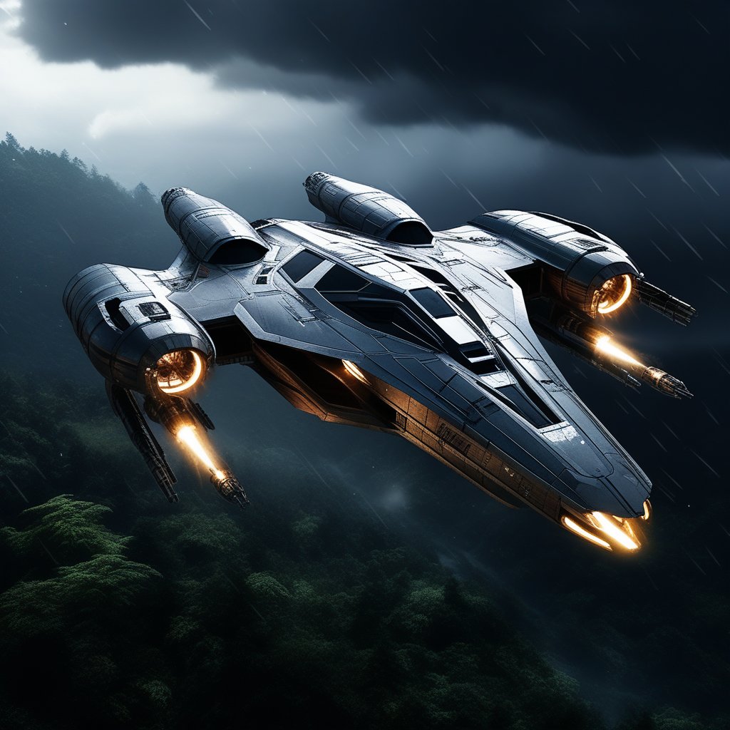 A realistic photo of starship, razor crest \(star wars\),flying over a rain forest at night,rainy,lightning, wings on top,big jet engine on wing tip,canopy on head nose top,,blunt front nose,cannon on head side,front left view,ek_starsh1p,ek_raz0r_cre5t,ek_rcfr0nt_left