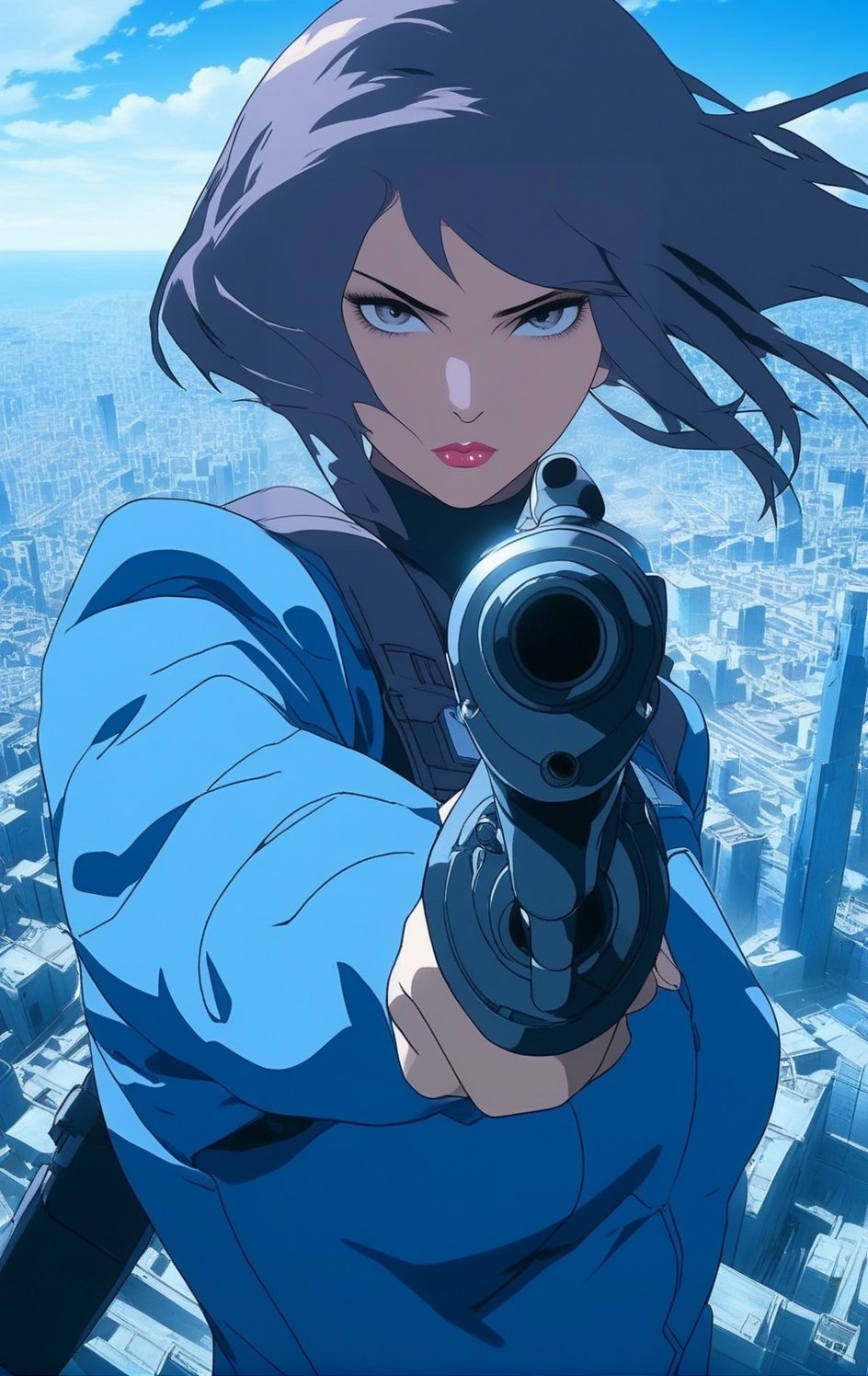 Highly-detailed beautiful girl,20yo,pointing a gun at viewer,pistol,kusanagi motoko,clear facial features,detailed exquisite face,perfect female form,blue combat uniform,detailed futuristic city backdrop,perfect hands,perfect fingers
BREAK
trending on artstation,rule of thirds,perfect composition,cinematic lighting,anime style,highly realistic,masterpiece,sharp focus,high contrast,art_booster,ani_booster,H effect,photo_b00ster,gunatyou