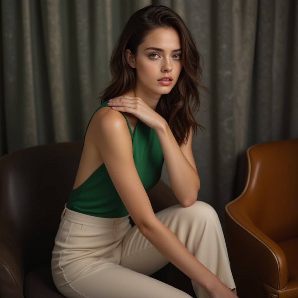 A stylish female fashion model sitting confidently on a chair, detailed exquisite face,wearing a sleek green top, cream leggings, and high heels. She strikes an elegant, bold pose with one leg slightly extended, showcasing her modern, sophisticated fashion and poise.masterpiece,best quality,32K,UHD,HDR,realistic,detailed,sharp focus,high contrast,rule of thirds,depth of perspective,award-winning photo,chiaroscuro lighting,beauy_ks01,round chin no dimple,ek_art_b00ster,ek_ph0t0_b00ster