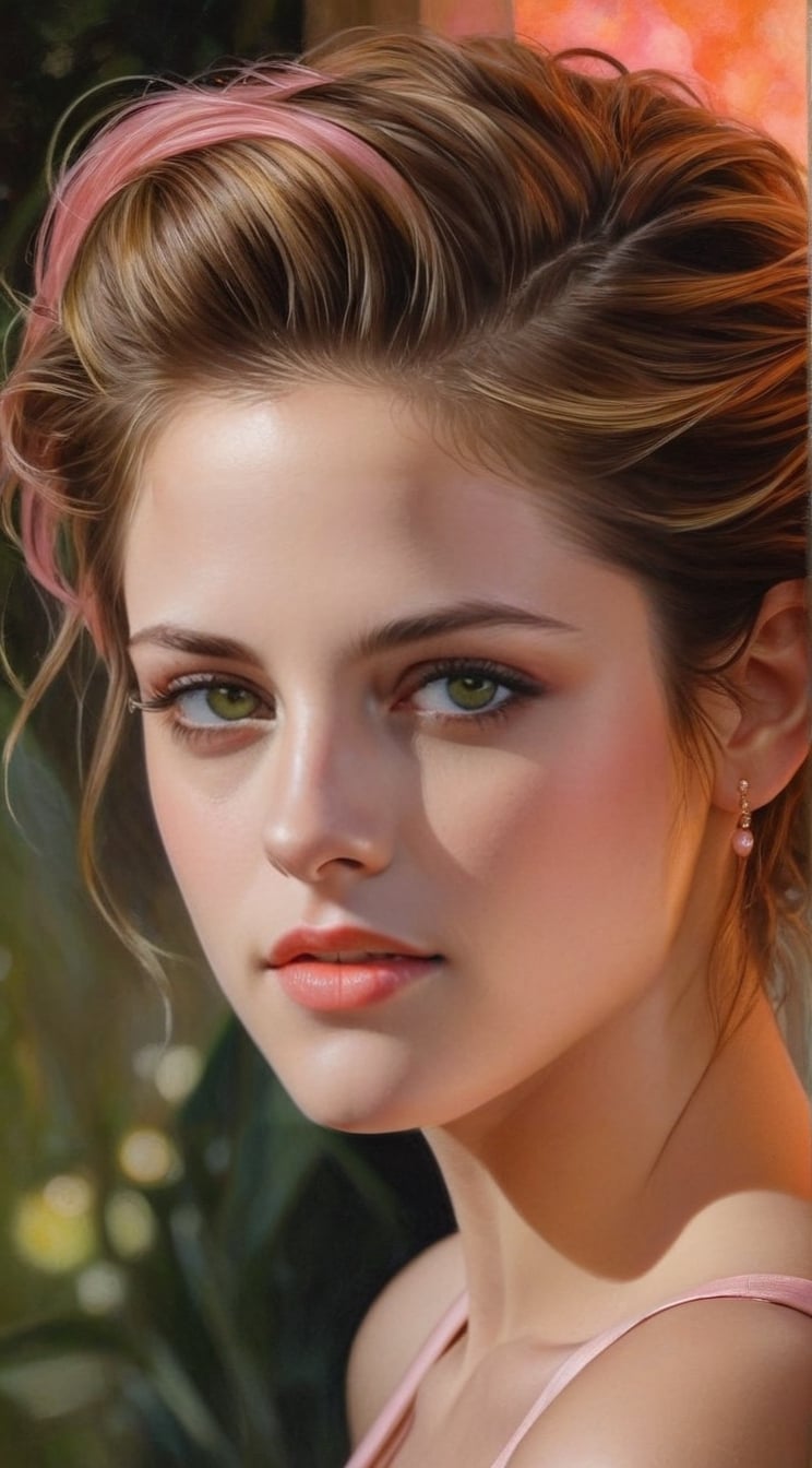 realistic half body portrait of a beautiful woman,alluring neighbor's wife,(Kristen Stewart),body model portrait,clear facial features,perfect body,perfect in every way,playful smirks,seductive eyes,elegant dress,(Apricot,Coral Pink,Olive Green,Sand Beach colors),rule of thirds,chiaroscuro lighting,soft rim lighting,key light reflecting in the eyes,bokeh backdrop,painterly,by karol bak and gustav klimt,art_booster,real_booster