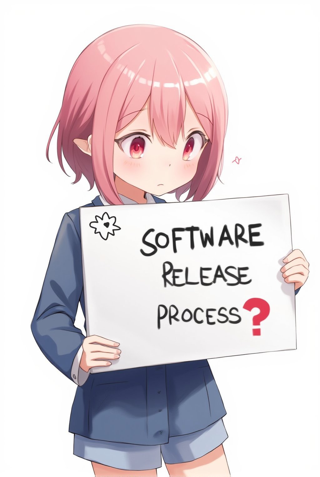 Anime of a cute girl holding a big post sign with text: "Software Release Process?". looking sad,simple background,ek_ph0t0_b00ster,ek_an1_b00ster,ek_art_b00ster,ek_game_3ffect,ek_real_b00ster