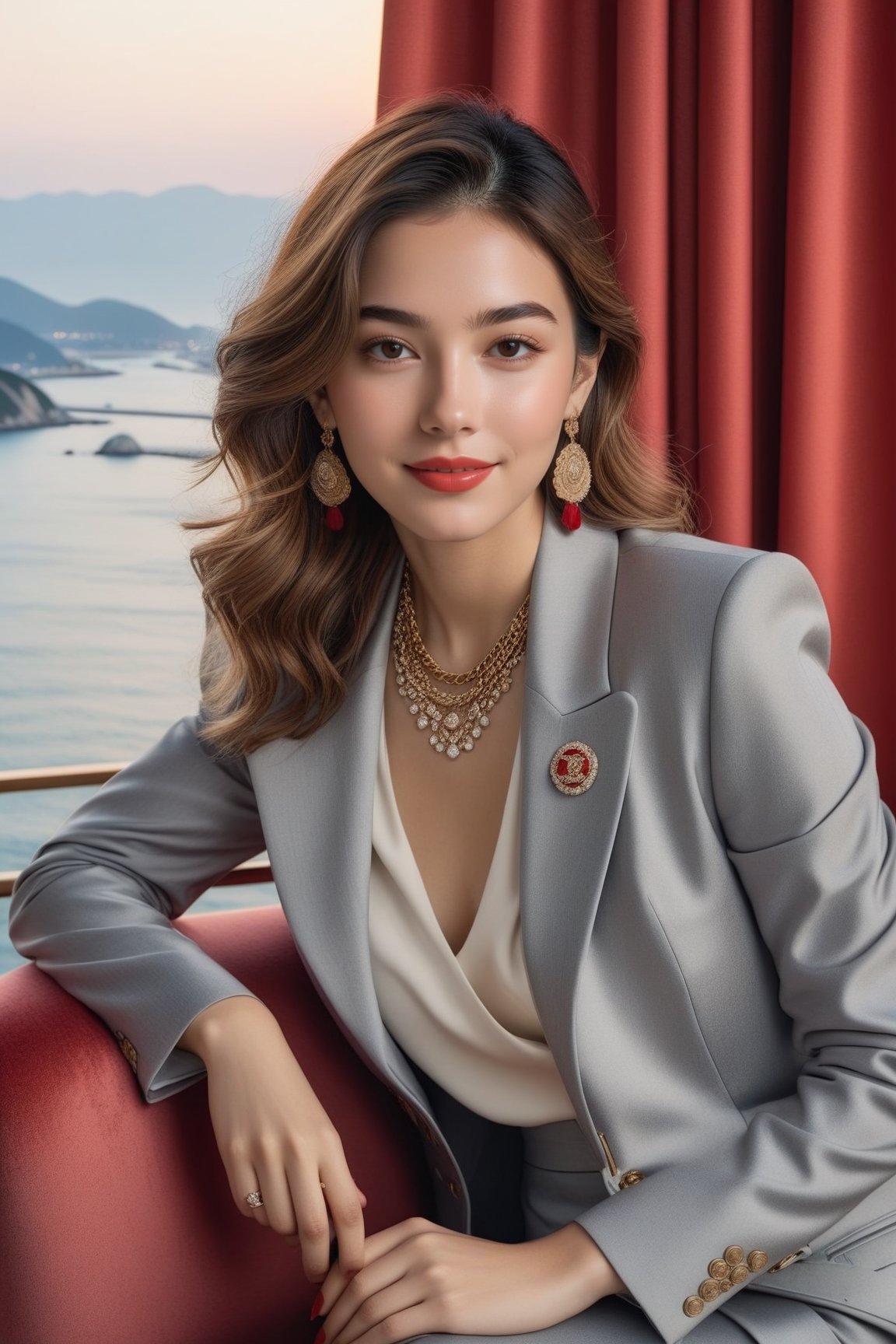 Hyper-Realistic photo of a french girl sitting in a hotel room chair,20yo,1girl,perfect female form,perfect body proportion,perfect anatomy,red and grey color,elegant jacket ,detailed exquisite face,soft shiny skin,smile,mesmerizing,disheveled hair,small earrings,necklaces,chanel bag,cluttered maximalism
BREAK
backdrop of a beautiful night scene of Gwang Ahn Dae Gyo bridge in Busan,Korea,(ocean,bridge),table, window,curtain,coffee mug,(fullbody:1.2)
BREAK
(rule of thirds:1.3),perfect composition,studio photo,trending on artstation,(Masterpiece,Best quality,32k,UHD:1.4),(sharp focus,high contrast,HDR,hyper-detailed,intricate details,ultra-realistic,award-winning photo,ultra-clear,kodachrome vintage:1.25),(chiaroscuro lighting,soft rim lighting:1.15),by Karol Bak,Antonio Lopez,Gustav Klimt and Hayao Miyazaki,photo_b00ster,real_booster,art_booster