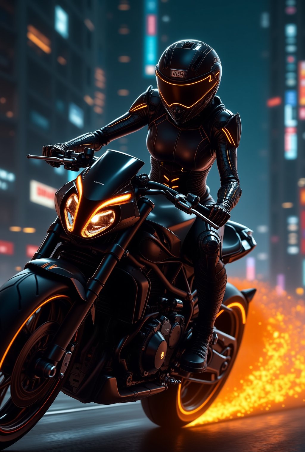 A captivating cyborg girl speeding through the illuminated streets of a futuristic city at night, her sleek motorcycle cutting through the darkness. She wears a form-fitting, black cyborg suit with intricate armor panels and flexible segments that allow for seamless movement. The suit is adorned with glowing orange neon lights, which pulse in rhythmic patterns, tracing along her arms, legs, and torso like streams of molten energy.

Her helmet is a perfect blend of style and technology, with an orange-lit visor that displays data overlays and glows against the city’s vibrant backdrop. The orange neon accents run along the seams and joints of the suit, highlighting its advanced design and her every movement, creating a dynamic, fiery effect as she weaves through traffic.

As she leans into a turn, the orange lights flare brightly, contrasting sharply against the black suit and the dimly lit streets, leaving a trail of amber light behind her. The city around her is a kaleidoscope of colors, but her figure stands out, a striking blend of technology and human agility, emanating a fierce, modern energy.
realistic,detailed,sharp focus,high contrast,masterpiece,best quality,trending on artstation,rule of thirds,depth of perspective,chiaroscuro lighting.ek_ph0t0_b00ster