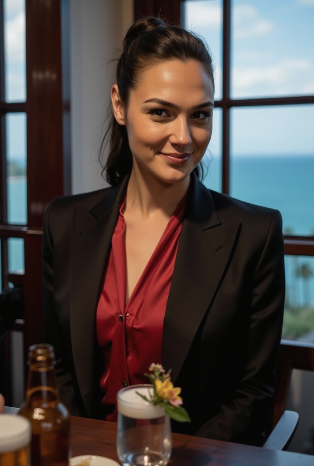 a beautiful woman in a cafe,25yo,Gal Gadot lookalike,exquisite face,soft shiny skin,smile,elegant jacket and shirt,[black and red colors],high ponytail,backdrop of oceanview cafe,window,table,beer mug,bottle,flower,masterpiece,best quality,realistic,detailed,sharp focus,high contrast,rule of thirds,chiaroscuro lighting,ek_art_b00ster,ek_an1_b00ster,gal gadot