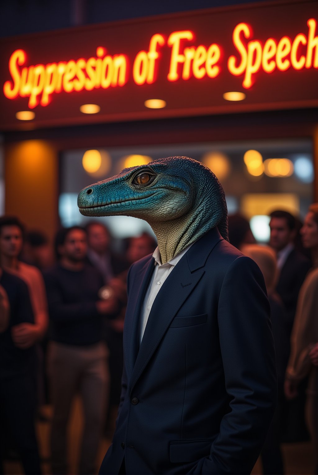 A sleek and imposing reptilian figure, dressed in a sharp suit, stands confidently in front of a crowd. Above it, a glowing neon sign reads 'Suppression of Free Speech,' casting an eerie light on the scene. The reptilian’s true face is hidden behind a smiling human mask, projecting an air of charm and authority. While the onlookers are captivated by the charismatic façade, subtle hints of its true nature peek through—the gleam of scales and cold, calculating eyes just visible at the edges of the mask. This scene captures the eerie contrast between the reptilian overlord's deceptive appearance and its sinister intent, embodying the hidden control exerted over humanity.
BREAK
detailed exquisite face,soft shiny skin,realistic,detailed,sharp focus,high contrast,rule of thirds,depth of perspective,award-winning photo,chiaroscuro lighting,ek_g1rl_02,ek_ph0t0_b00ster