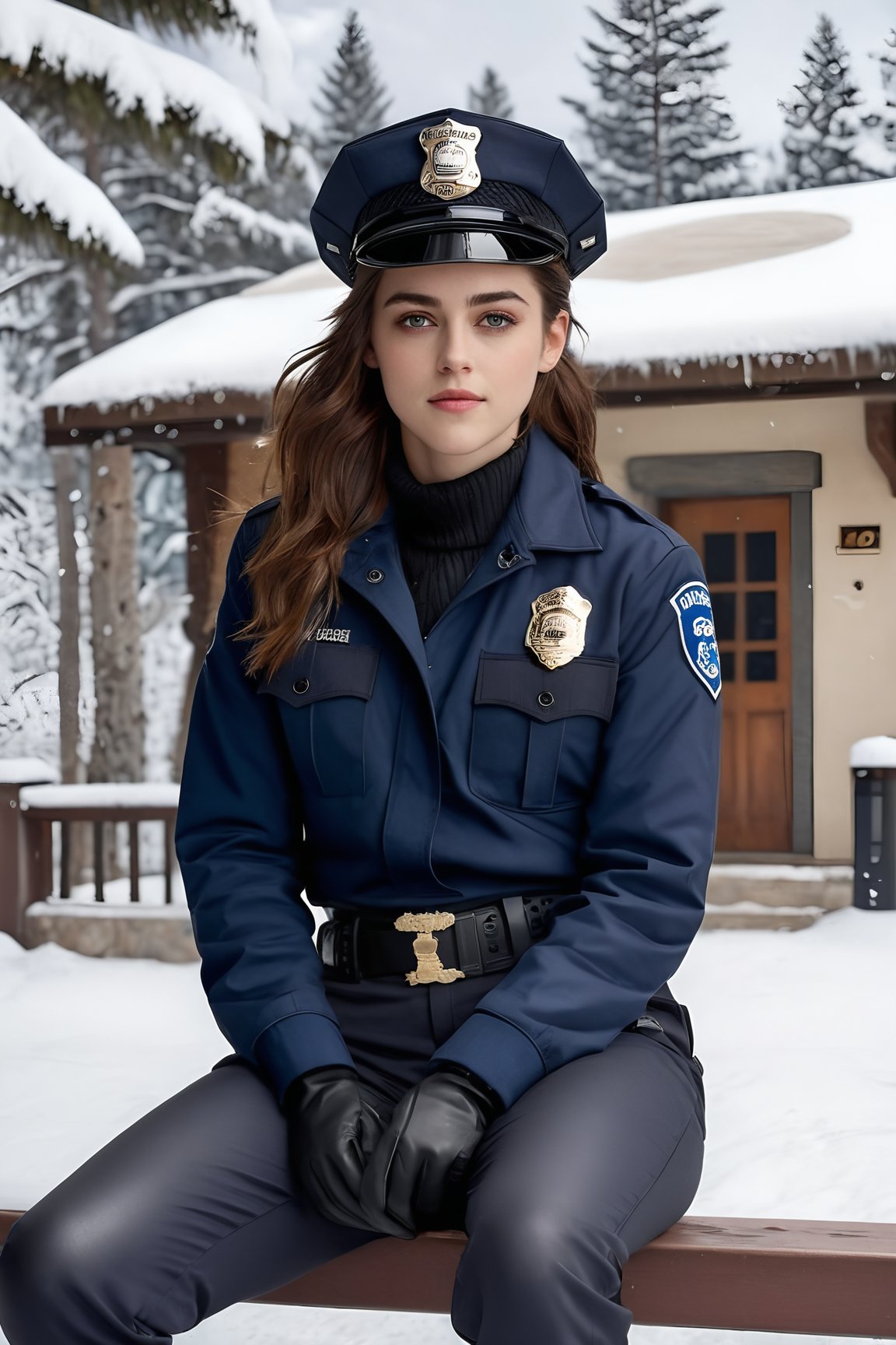 Hyper-Realistic photo of a beautiful LAPD police officer sitting in a winter resort,20yo,1girl,solo,LAPD police uniform,cap,detailed exquisite face,soft shiny skin,smile,looking at viewer,Kristen Stewart lookalike,cap,sunglasses,fullbody:1.3
BREAK
backdrop:winter resort house,snow,road,tree,[cluttered maximalism]
BREAK
settings: (rule of thirds1.3),perfect composition,studio photo,trending on artstation,depth of perspective,(Masterpiece,Best quality,32k,UHD:1.4),(sharp focus,high contrast,HDR,hyper-detailed,intricate details,ultra-realistic,kodachrome 800:1.3),(cinematic lighting:1.3),(by Karol Bak$,Alessandro Pautasso$,Gustav Klimt$ and Hayao Miyazaki$:1.3),art_booster,photo_b00ster, real_booster,w1nter res0rt