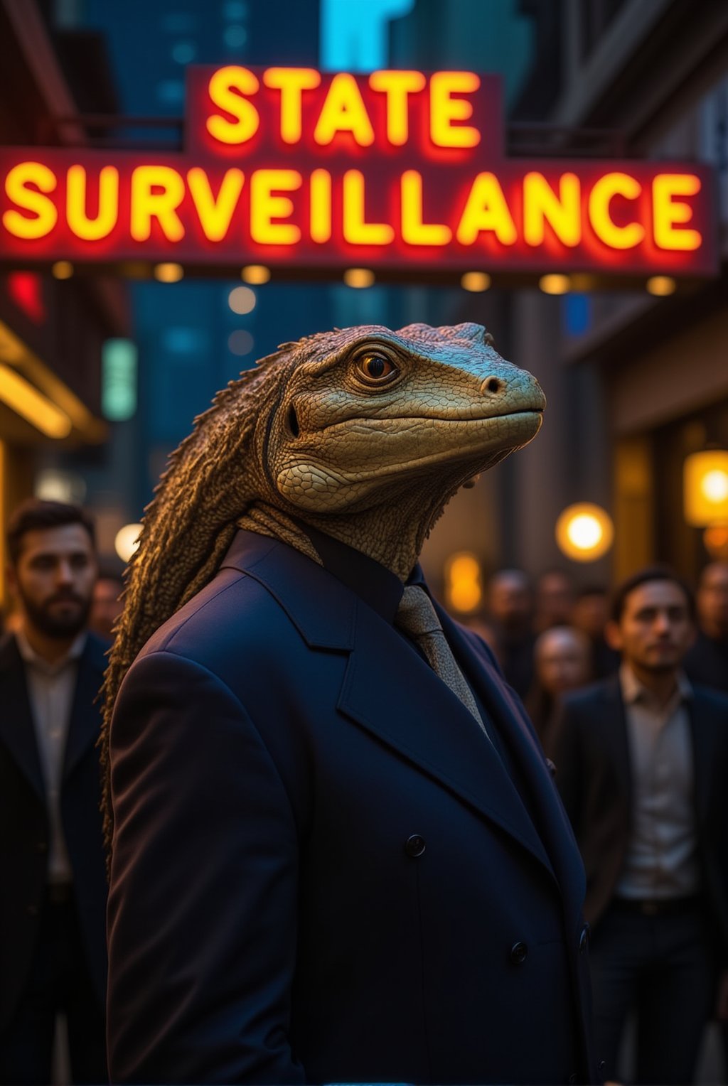 A sleek and imposing reptilian figure, dressed in a sharp suit, stands confidently in front of a crowd. Above it, a glowing neon sign reads 'State Surveillance,' casting an eerie light on the scene. The reptilian’s true face is hidden behind a smiling human mask, projecting an air of charm and authority. While the onlookers are captivated by the charismatic façade, subtle hints of its true nature peek through—the gleam of scales and cold, calculating eyes just visible at the edges of the mask. This scene captures the eerie contrast between the reptilian overlord's deceptive appearance and its sinister intent, embodying the hidden control exerted over humanity.
BREAK
detailed exquisite face,soft shiny skin,realistic,detailed,sharp focus,high contrast,rule of thirds,depth of perspective,award-winning photo,chiaroscuro lighting,ek_g1rl_02,ek_ph0t0_b00ster