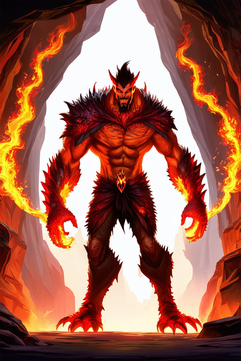 An evil man stands in a cave. He uses magic spell and turns into the fire monster \(ek_ge1frt\),
,fire elemental effect, ek_game_3ffect,realistic,