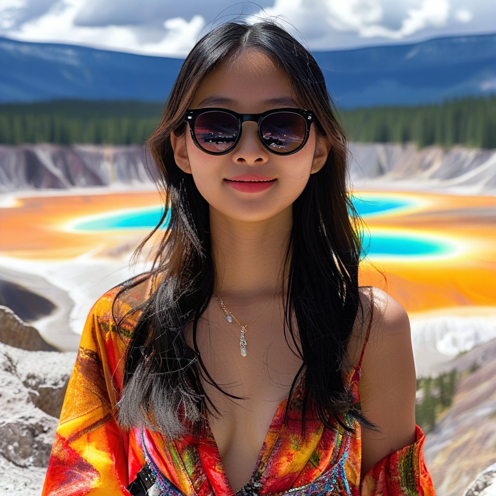 realistic photo of a beautiful Japanese girl standing in Grand Prismatic Spring of Yellowstone,20yo,sunglasses,detailed face,model body,looking at viewer,playful smirks,detailed hair blowing,vibrant colors,elegant urban fashion,upper body focus
BREAK
backdrop:detailed photo of Grand Prismatic Spring \(grandpr1smat1c\) in Yellowstone,1 spring,
 BREAK 
rule of thirds,studio photo,detailed,realistic,cinematic lighting,Ye11owst0ne,grandpr1smat1c