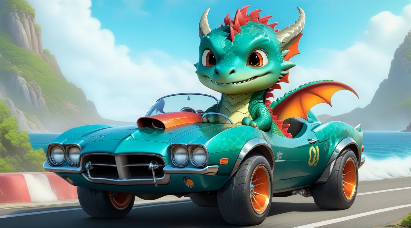 a cute dragon boy,driving a cute muscle car with tuned large wheels on a highway,wearing goggles,ocean backdrop,highly detailed,cinematic lighting,rule of thirds,depth of perspective,trending on artstation,wide shot,dragon_h,art_booster,real_booster