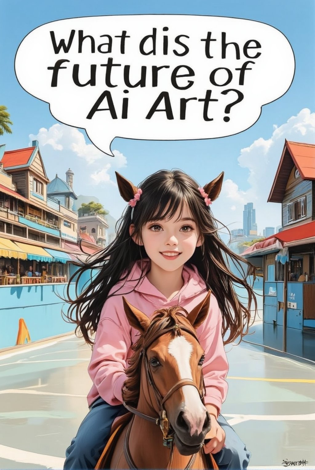 An anime of a cute girl saying "What is the future of AI Art?" in a big word bubble.big smile.riding a toy horse in a playground,beauy_ks01,disney-pixar style,ek_an1_b00ster,acryli painting