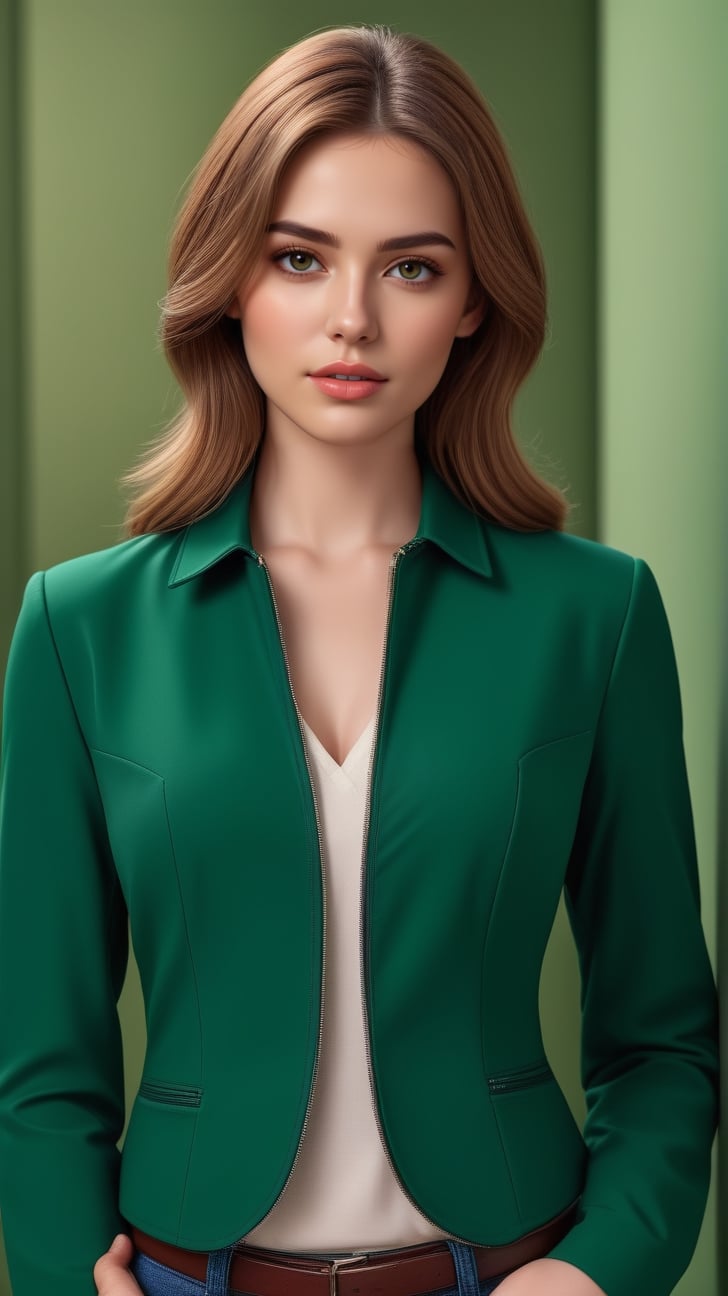 realistic portrait of a beautiful woman,20yo,alluring neighbor's wife,detailed exquisite symmetric face,soft shiny skin,sharp high nose,dishelved hair,hourglass figure,perfect female form,slim and tall model body,perfect in every way,elegant jacket on shirt,bokeh backdrop,Modern Green,Hazel Brown,Cream colors,studio photo,cinematic lighting,trending on artstation,rule of thirds,(highly detailed,ultra realistic,sharp focus,high contrast,HDR,RAW photo:1.2),(cowboy shot:1.2),art_booster,<lora:659095807385103906:1.0>