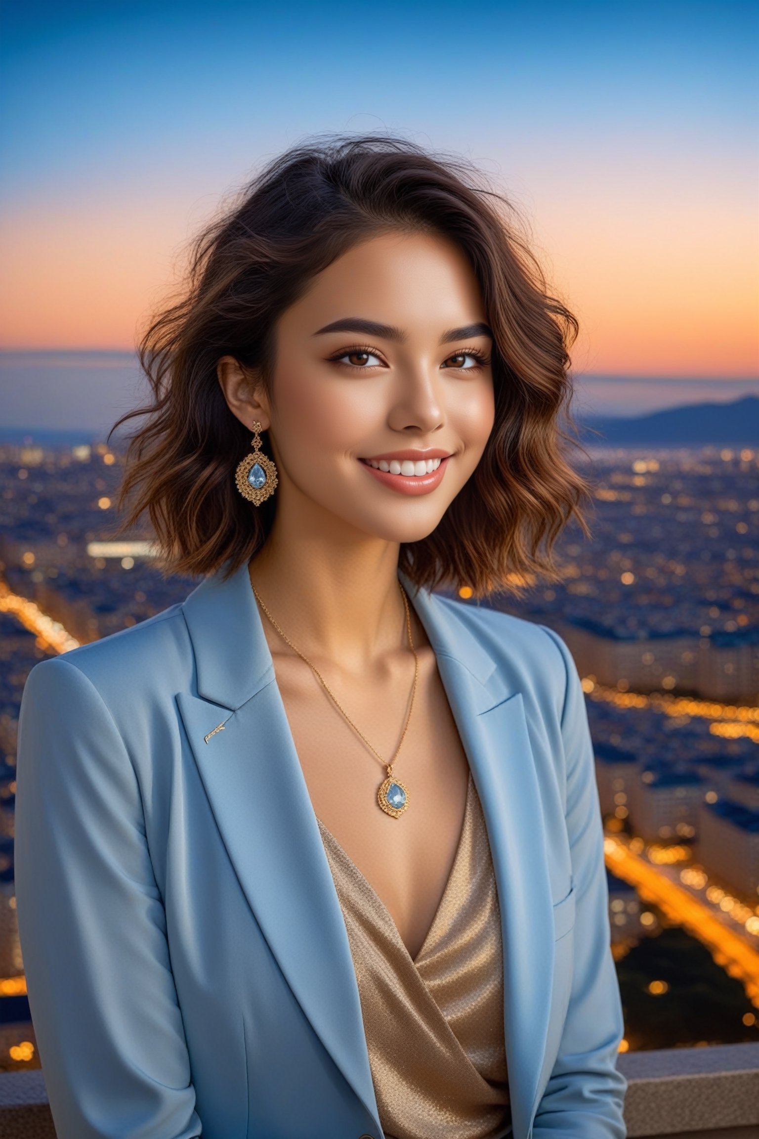 Hyper-Realistic photo of a brazilian girl,20yo,1girl,perfect female form,perfect body proportion,perfect anatomy,elegant jacket,detailed exquisite face,soft shiny skin,smile,mesmerizing,disheveled hair,small earrings,necklaces,(Beige,Maltese Terracotta,Baby Blue color:1.0),(backdrop of the skyline and night view of Frankfurt,numerous skyscrapers:1.0),(fullbody:1.2),girl focus
BREAK
rule of thirds,perfect composition,studio photo,trending on artstation,(Masterpiece,Best quality,32k,UHD:1.5),(sharp focus,high contrast,HDR,hyper-detailed,intricate details,ultra-realistic,award-winning photo,ultra-clear,kodachrome 800:1.3),(cinematic lighting),by Karol Bak,Gustav Klimt and Hayao Miyazaki,real_booster, photo_b00ster,ani_booster,art_booster,kuchiki rukia