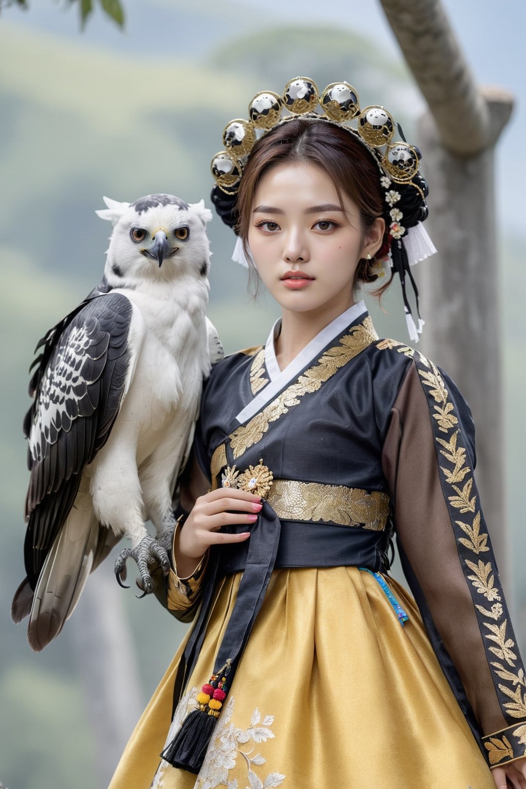 (1 22yo Korean idol girl),((best quality, 8k, masterpiece: 1.3)),focus:1.2,perfect body beauty:1.4,(smile: 1.2),(old palace in korea: 1.5),highly detailed face and skin texture,delicate eyes,double eyelids,whitened skin,(sharp high nose),(air bangs: 1.3),(round face: 1.5))
BREAK
1 harpy eagle flying,girl training a harpy eagle,harpy eagle spreading its wings from girl's shoulder,(girl wearing traditional Korean dress \(Black and Gold Cheollik\):1.2)
BREAK
random model pose,Head size in proportion to the body, Young beauty spirit,inkGirl,Hanbok,clear border,Clothing made of very thin silk,((full body shot1.2))
BREAK
(Masterpiece,Best quality,32k,UHD:1.5),(Sharp focus, High contrast,HDR,Hyper-detailed,award-winning photo,kodachrome 800:1.3),(cinematic lighting:1.2),(1girl:1.3),real_booster,art_booster