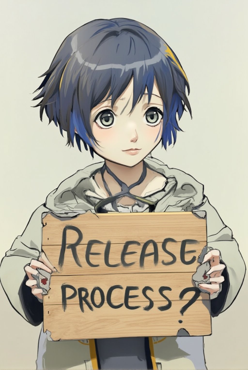 Anime of a cute girl holding a big post sign with text: "Software Release Process?". looking sad,simple background,ek_ph0t0_b00ster,ek_an1_b00ster,ek_art_b00ster,ek_game_3ffect,ek_real_b00ster