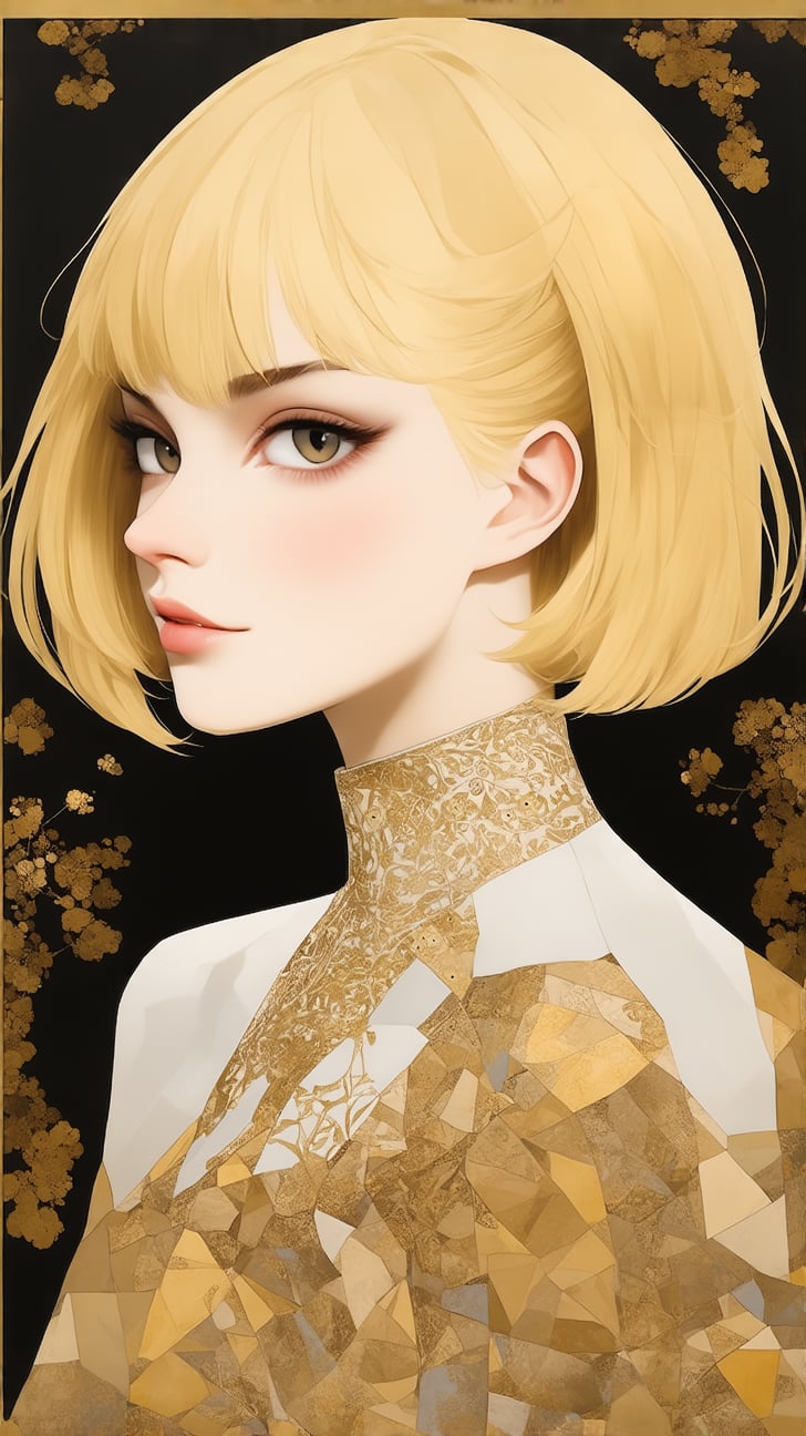 ((Anime Style)) of A sophisticated fashion model girl,short blonde hair,dynamic character,20yo,detailed exquisite face,parody,

complex background,dynamic light and shadow,bold high quality,high contrast (patchwork art:1.2),Upperbody, vibrant colors,looking at viewer,by Gustav Klimt and [[karol bak]],ek_ptch_art,ek_ani_b00ster,ek_art_b00ster,