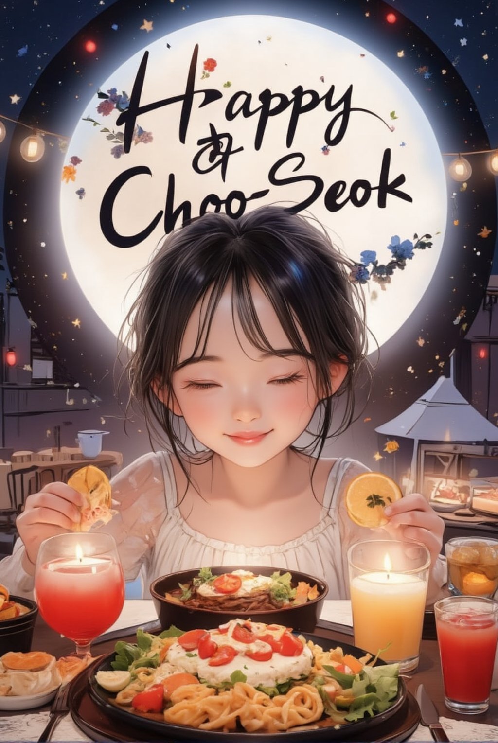 An anime of a cute girl saying "Happy Choo-Seok" in a big word bubble.big smile.delicious food on the table,full moon,beauy_ks01,disney-pixar style,ek_an1_b00ster