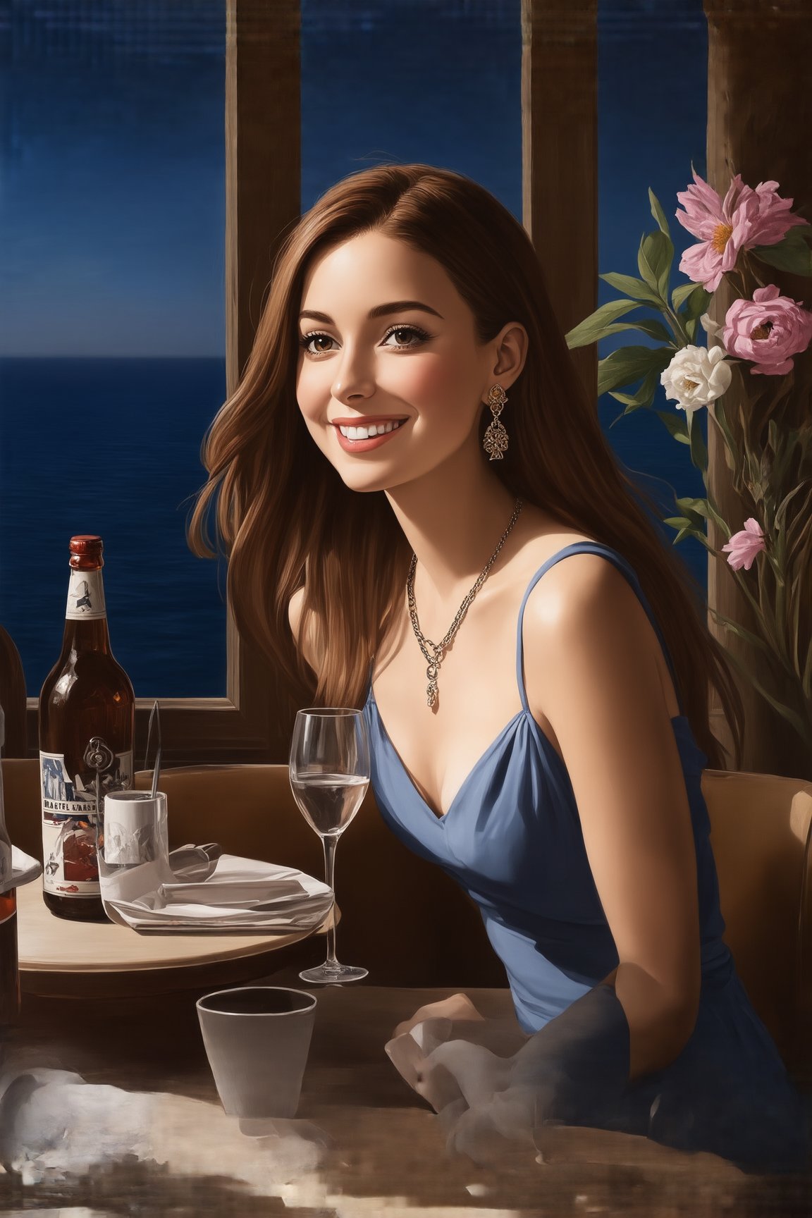 a girl sitting in a cafe,20yo,1girl,elegant dress,smile, long hair flowing on her shoulder naturally,small earrings, necklaces,(Pink and White colors),Jessica ALba lookalike,(dark)
BREAK
backdrop:ocean view cafe,cocktail,bottle,window,flower,at night,cluttered maximalism

settings:(rule of thirds:1.3),perfect composition,depth of perspective,(masterpiece,best quality,detailed,realistic), chiaroscuro lighting
BREAK
by Antonio Lopez,Diego Koi,David Parrish,Canaletto and Edward Hopper,ek_real_b00ster,ek_art_b00ster,ek_ani_b00ster