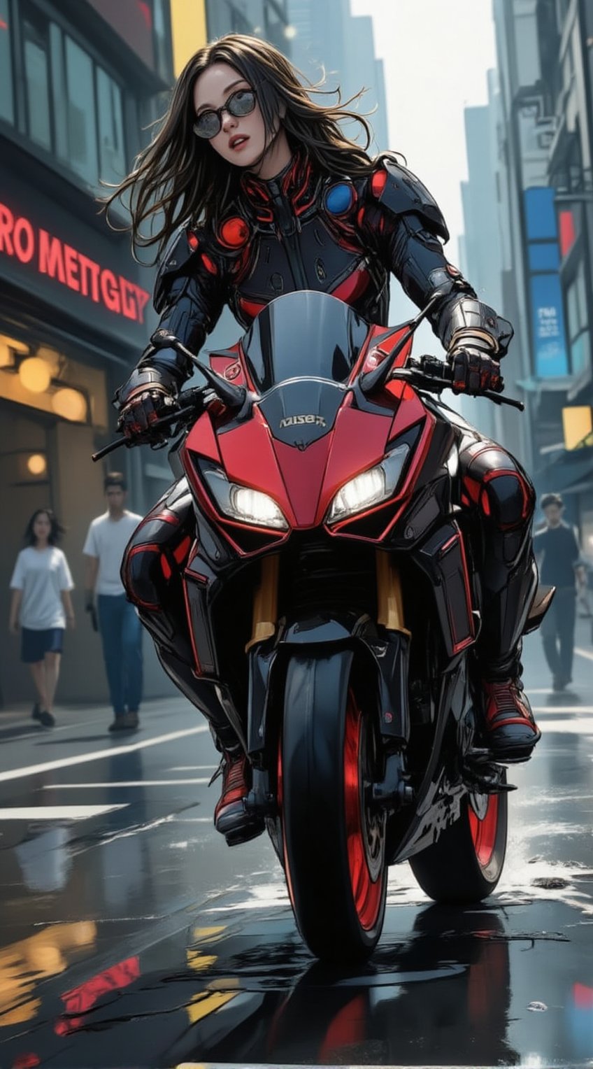 anime of a cyborg girl in mecha armor. Black and red colored armor. neon light lines glowing, exquisite face, soft shiny skin, longhair blowing, sunglasses. riding a motor cycle, kawasaki ninja h2r at high speed,city street backdrop,puddles,focused expression,dark
BREAK
anime style,detailed,sharp focus,high contrast,rule of thirds,depth of perspective,award-winning photo,chiaroscuro lighting,ek_g1rl_02,acryli painting,ink style