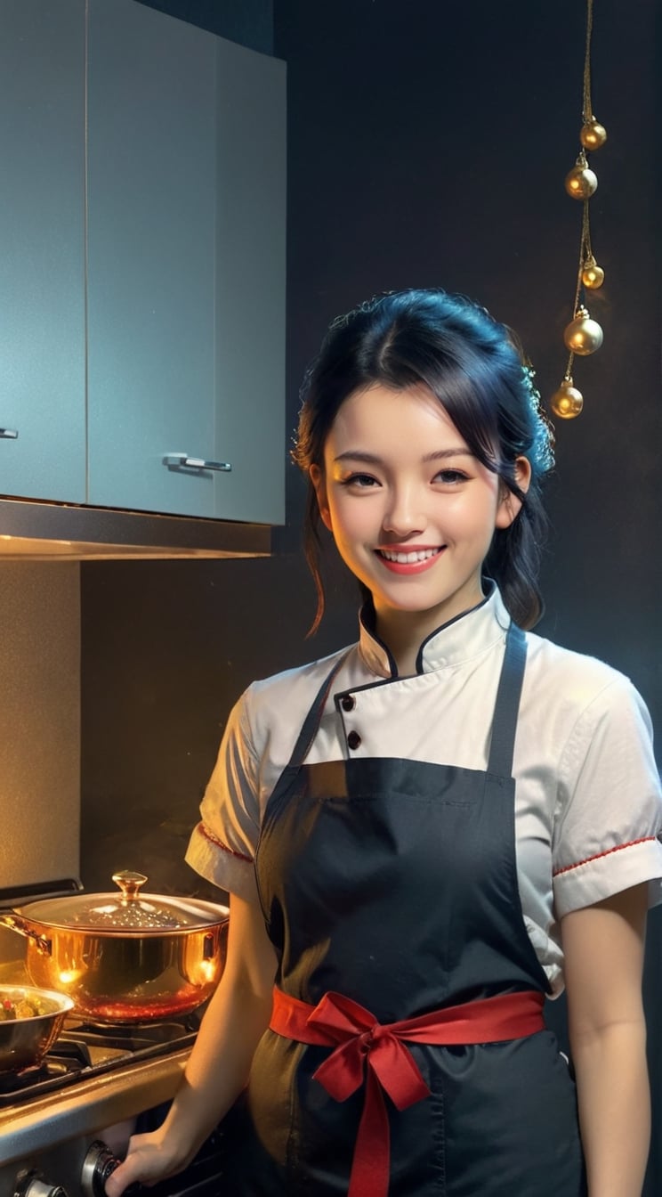 "Generate an image of a young woman (23 years old) cooking a delicious meal in the kitchen on Christmas Eve. She is immersed in the culinary process, gracefully handling ingredients and pots on the stove. The warm glow of the oven illuminates her focused expression, and the festive atmosphere is accentuated by Christmas decorations in the kitchen. The woman wears a stylish apron and chef's hat, adding flair to her festive cooking attire. Surrounding her are holiday-themed ingredients, and the aromas of Christmas spices fill the air. The scene captures the joy and warmth of Christmas, blending culinary artistry with the spirit of the festive season." BREAK

(masterpiece,best quality,ultra-detailed,8K,intricate, realistic:1.3),(full body, wide shot:1.3),smile,black hair, earrings,jewelry, shiny skin, detailed exquisite face,rembrandt lighting,1 girl,Color Booster, leonardo,style,cyberpunk style,greg rutkowski,cyberpunk,han-hyoju-xl