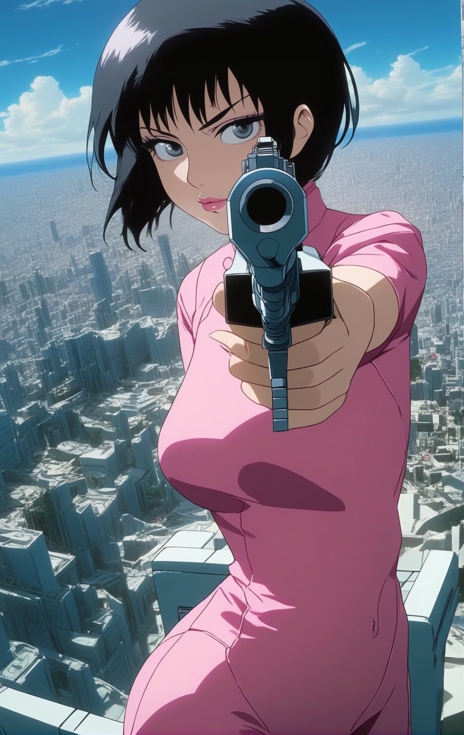 Highly-detailed beautiful girl,20yo,pointing a gun at viewer,pistol,kusanagi motoko,perfect female form,hourglass figure,model body,white pink yellow colors,,detailed futuristic city backdrop,perfect hands,perfect fingers,vibrant colors
BREAK
trending on artstation,rule of thirds,perfect composition,cinematic lighting,anime style,highly realistic,masterpiece,sharp focus,high contrast,art_booster,ani_booster,H effect,photo_b00ster,gunatyou