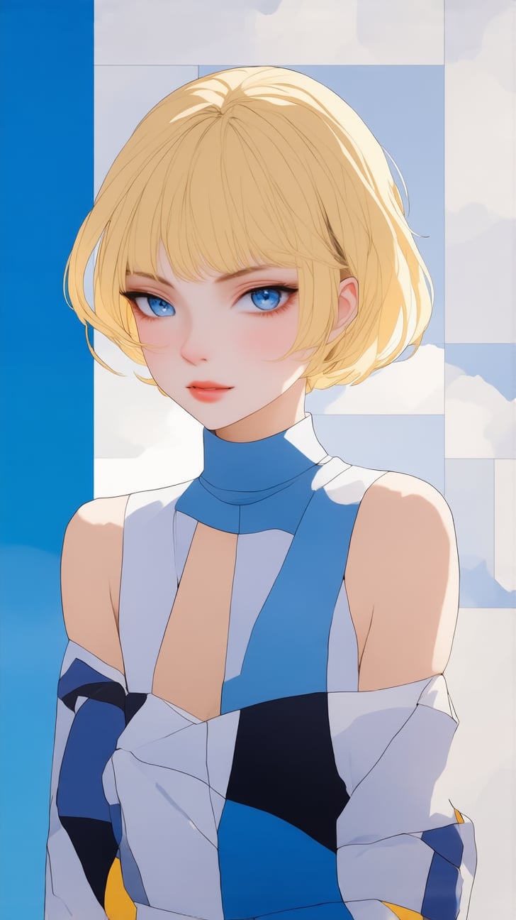 ((Anime Style)) of A sophisticated fashion model girl,short blonde hair,dynamic character,20yo,detailed exquisite face,parody,(patchwork art:1.3),

complex background,dynamic light and shadow,bold high quality,high contrast,Upperbody, vibrant colors,looking at viewer,by the style of Makoto Shinkai's artwork,
ek_ptch_art,ek_ani_b00ster,ek_art_b00ster,