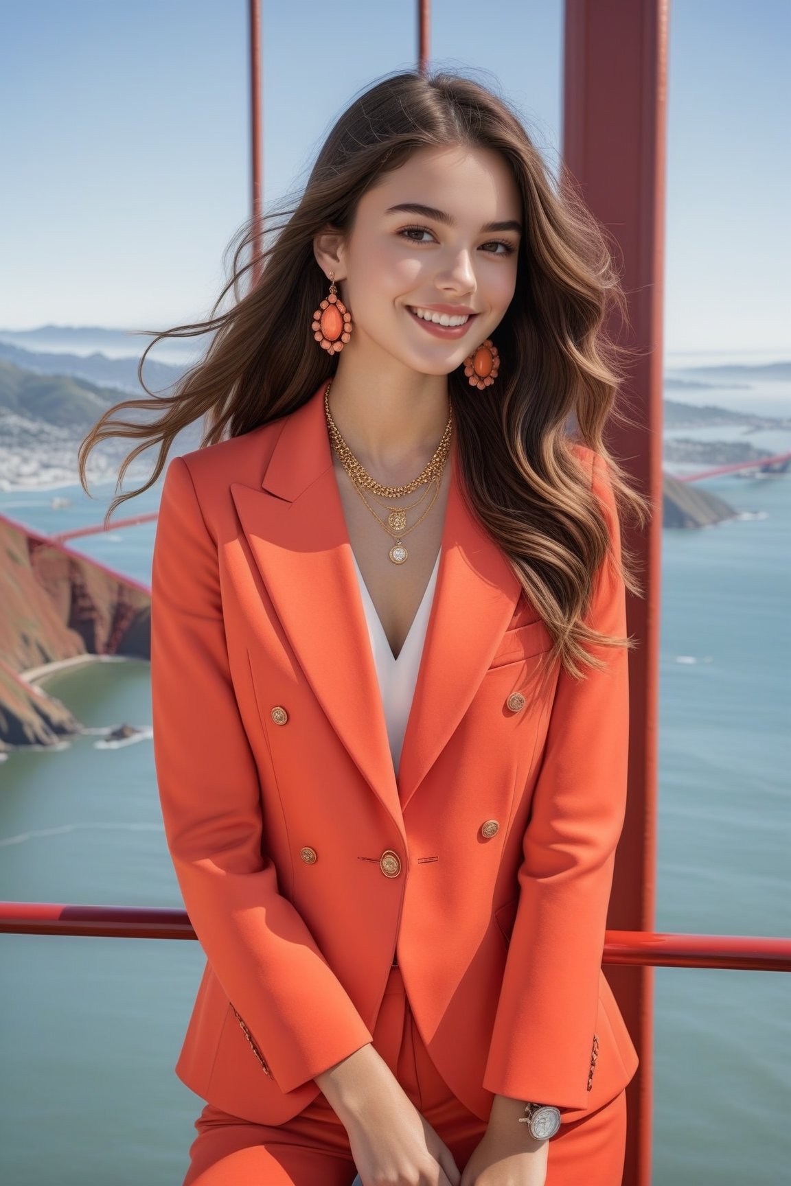 Hyper-Realistic photo of a french girl,20yo,1girl,perfect female form,perfect body proportion,perfect anatomy,coral color,elegant jacket,detailed exquisite face,soft shiny skin,smile,mesmerizing,long hair,small earrings,necklaces,prada bag
BREAK
(backdrop of vista point of Golden Gate Bridge in San Francisco),(fullbody:1.2)
BREAK
(rule of thirds:1.3),perfect composition,studio photo,trending on artstation,(Masterpiece,Best quality,32k,UHD:1.5),(sharp focus,high contrast,HDR,hyper-detailed,intricate details,ultra-realistic,award-winning photo,ultra-clear,kodachrome vintage:1.3),(chiaroscuro lighting,soft rim lighting:1.2),by Karol Bak,Gustav Klimt and Hayao Miyazaki,real_booster, photo_b00ster,ani_booster,art_booster