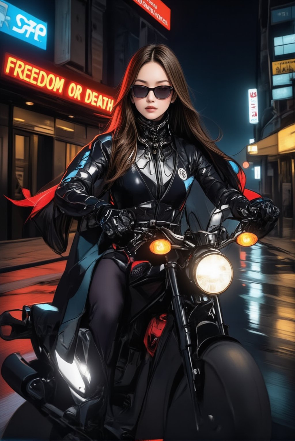 a cyborg girl in mecha armor. Black and red colored armor. neon light lines glowing, exquisite face, soft shiny skin, longhair blowing, sunglasses. riding a motor cycle, kawasaki ninja h2 carbon at high speed,city street backdrop,puddles,focused expression,dark,((Big neon light saying "Freedom or Death" in the background))
BREAK
realistic,detailed,sharp focus,high contrast,rule of thirds,depth of perspective,award-winning photo,chiaroscuro lighting,ek_g1rl_02,ink style