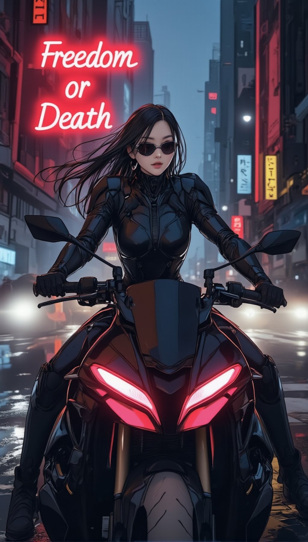 Anime of a cyborg girl in mecha armor. Black and red colored armor. neon light lines glowing, exquisite face, soft shiny skin, longhair blowing, sunglasses. riding a motor cycle, kawasaki ninja h2 carbon at high speed,city street backdrop,puddles,focused expression,dark,(((Big neon light saying "Freedom or Death" in the background)))
BREAK
Anime by makoto shinkai's artworks,detailed,sharp focus,high contrast,rule of thirds,depth of perspective,award-winning photo,chiaroscuro lighting,ek_g1rl_02,ink style,ek_an1_b00ster