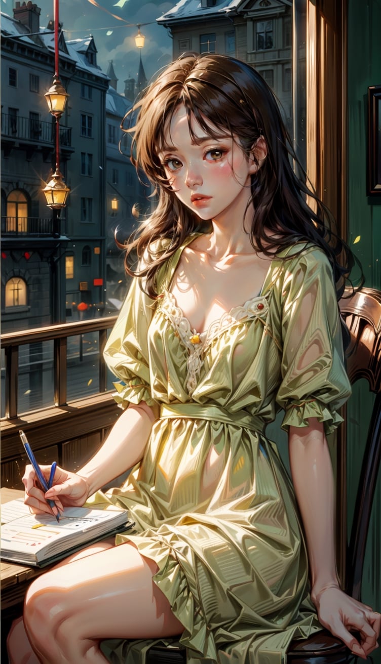 beautiful girl using (notebook computer),sitting in cafe with X-mas tree and decoration,small face,(yellow) dress,watercolor,by catherine kehoe,jenny saville and liu xiaodong,1 girl,koh_yunjung