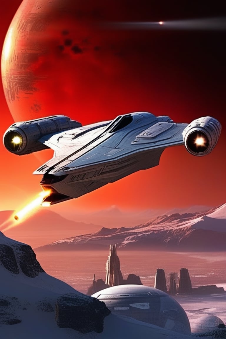 A realistic photo of starship, razor crest \(star wars\), wings on top,big jet engine on wing tip,canopy on head nose top,,blunt front nose,cannon on head side,front left view,

backdrop:red planet with ice mountain,buildings,red sky,two moons,smoke,