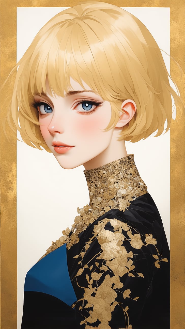 ((Anime Style)) of A sophisticated fashion model girl,short blonde hair,dynamic character,20yo,detailed exquisite face,parody,

complex background,dynamic light and shadow,bold high quality,high contrast,patchwork art,Upperbody, vibrant colors,looking at viewer,by Gustav Klimt and [[karol bak]],ek_ptch_art,ek_ani_b00ster,ek_art_b00ster,