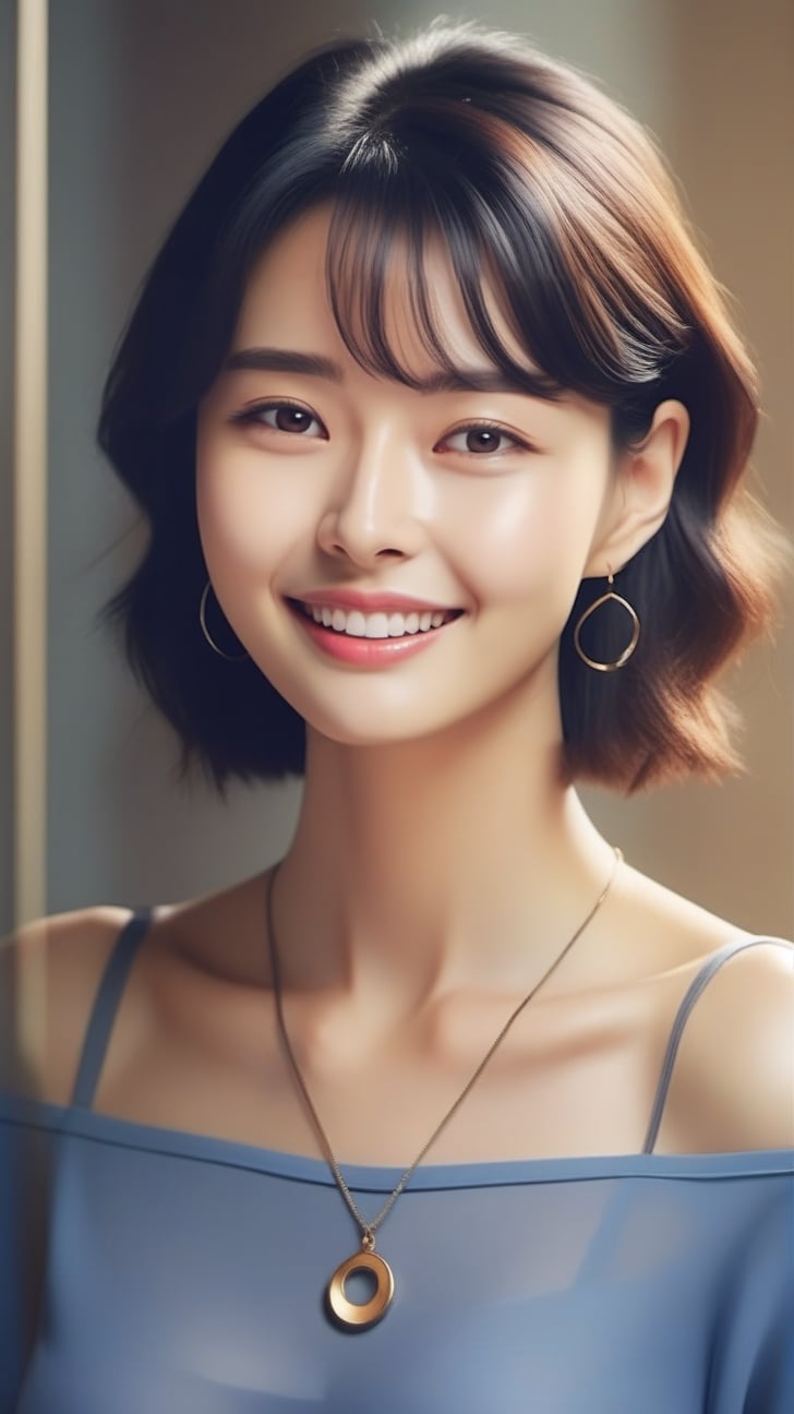 Very (detailed) illustration of a ((best quality)), ((masterpiece)), mesmerizing and alluring female model, confident smile, playful smirk, looking at viewer, dishelved hair, bobcut, BREAK skinny tight clothes, [bare] shoulders, small earrings, necklaces, hourglass_figure, natural huge breasts, detailed eyes, glossy skin, BREAK high contrast, [colorful], full body, rule of thirds, cinematic lighting, very sexy pose, detailmaster2, kwon-nara-xlv2