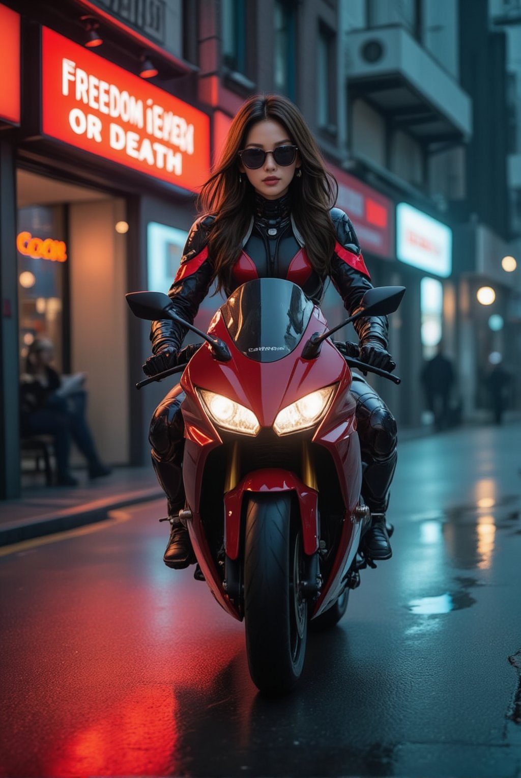 a cyborg girl in mecha armor. Black and red colored armor. neon light lines glowing, exquisite face, soft shiny skin, longhair blowing, sunglasses. riding a motor cycle, kawasaki ninja h2 carbon at high speed,city street backdrop,puddles,focused expression,dark,(((Big neon light saying "Freedom or Death" in the background)))
BREAK
realistic,detailed,sharp focus,high contrast,rule of thirds,depth of perspective,award-winning photo,chiaroscuro lighting,ek_g1rl_02,ink style