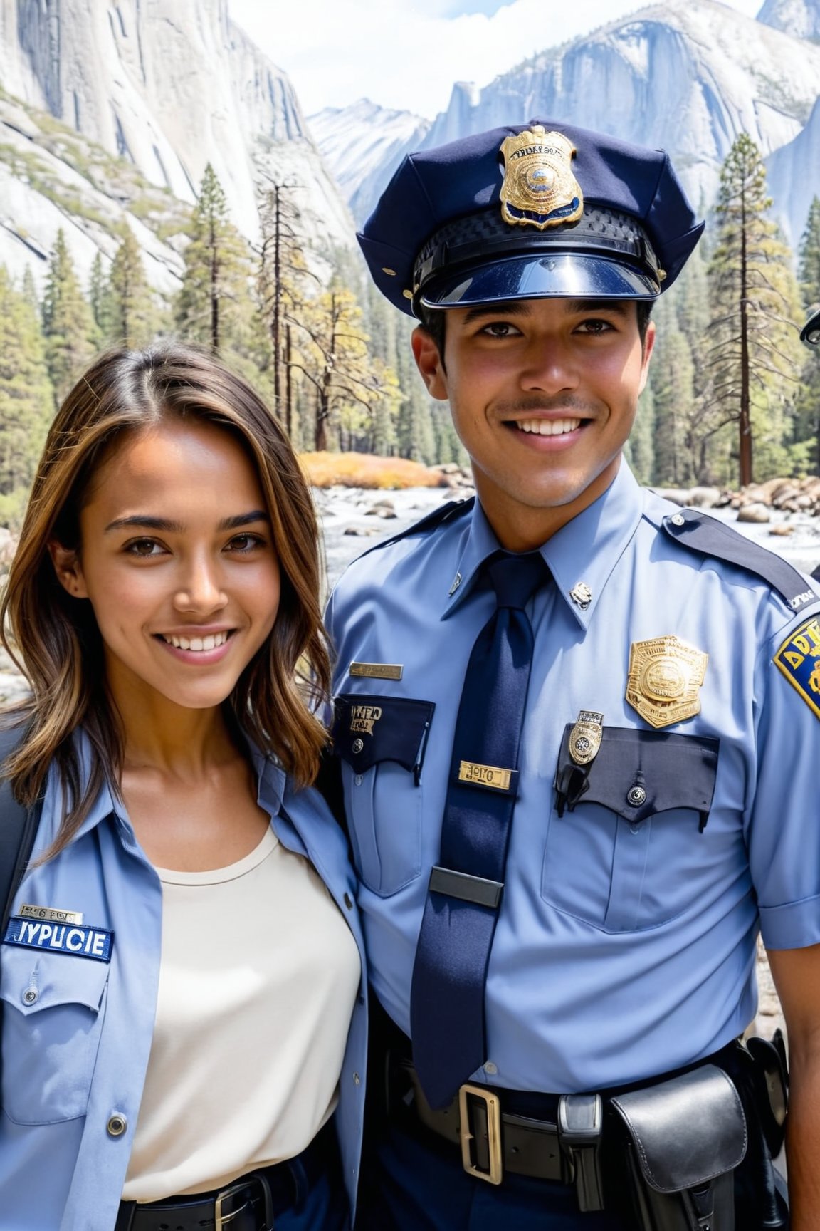 Hyper-Realistic close-up photo of a beautiful NYPD police officer in Yosemite national park,20yo,1girl,solo,NYPD police uniform,cap,detailed exquisite face,soft shiny skin,smile,sunglasses,looking at viewer,Jessica Alba lookalike,cap,fullbody:1.3
BREAK
backdrop:yva11ey1,river,lake,reflection \(on lake\),rock,mountain,forest,police car,(girl focus:1.3),cluttered maximalism
BREAK
settings: (rule of thirds1.3),perfect composition,studio photo,trending on artstation,depth of perspective,(Masterpiece,Best quality,32k,UHD:1.4),(sharp focus,high contrast,HDR,hyper-detailed,intricate details,ultra-realistic,kodachrome 800:1.3),(cinematic lighting:1.3),(by Karol Bak$,Alessandro Pautasso$,Gustav Klimt$ and Hayao Miyazaki$:1.3),art_booster,photo_b00ster, real_booster