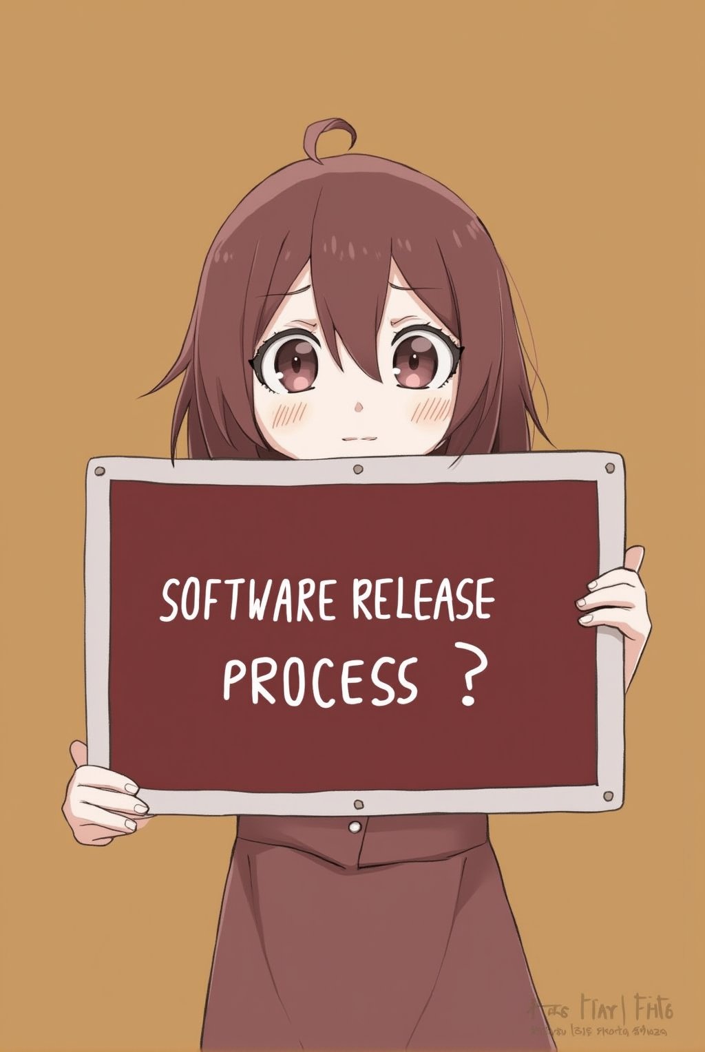 Anime of a cute girl holding a big post sign with text: "Software Release Process?". looking sad,simple background,by the style of Makoto Shinkai's artworks,ek_ph0t0_b00ster,ek_an1_b00ster