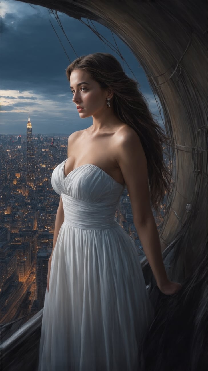 A stunning hyper-realistic portrait of the alluring 20-year-old neighbor's wife, her porcelain doll-like features perfectly captured. She stands confidently on the old rigid airship, her model-perfect physique showcased in a flowing white dress that billows behind her like a cloud. The city skyline looms large in the background, the twinkling lights and towering skyscrapers providing a dramatic contrast to the serene beauty of the subject. Her piercing gaze seems to bore into the viewer's soul, as if daring them to look away. The soft, warm lighting highlights the delicate contours of her face, emphasizing the sharp definition of her cheekbones and the curve of her lips.
BREAK
settings:(rule of thirds:1.3),perfect composition,depth of perspective,(masterpiece,best quality,detailed,realistic), chiaroscuro lighting
BREAK
by Antonio Lopez,Diego Koi,David Parrish,Canaletto and Edward Hopper,ek_real_b00ster,ek_photo_booster